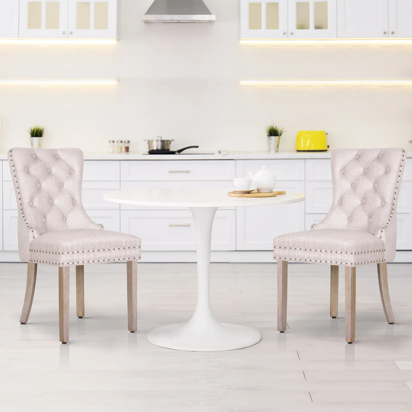 6 Alfordson 2x Dining Chair Kitchen Lounge Retro Button Tufted Wooden Fabric - Beige, 6 of 10