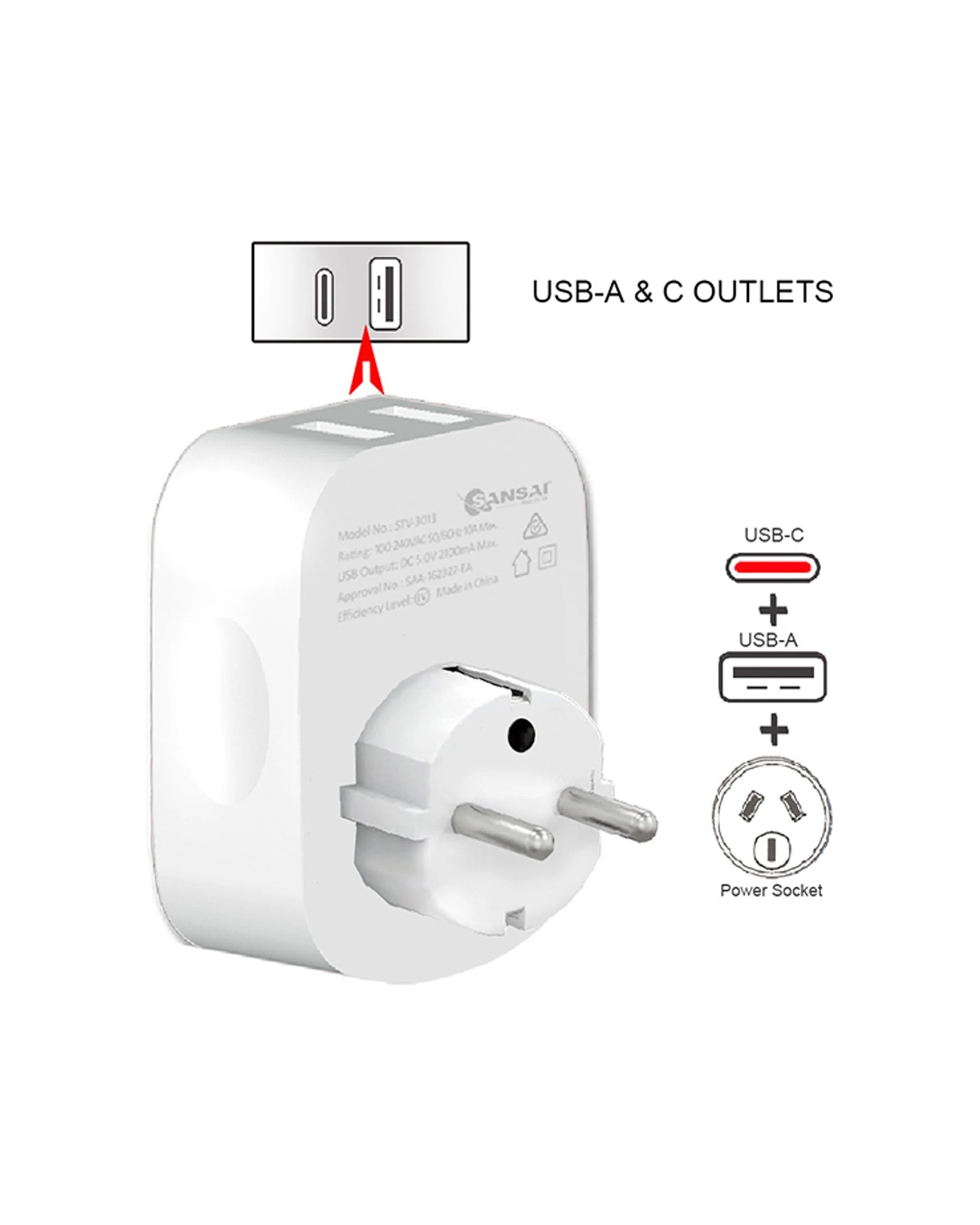 3 Sansai Surge Protected Travel Adapter with USB-C And USB-A Port AU Europe - White, 3 of 3