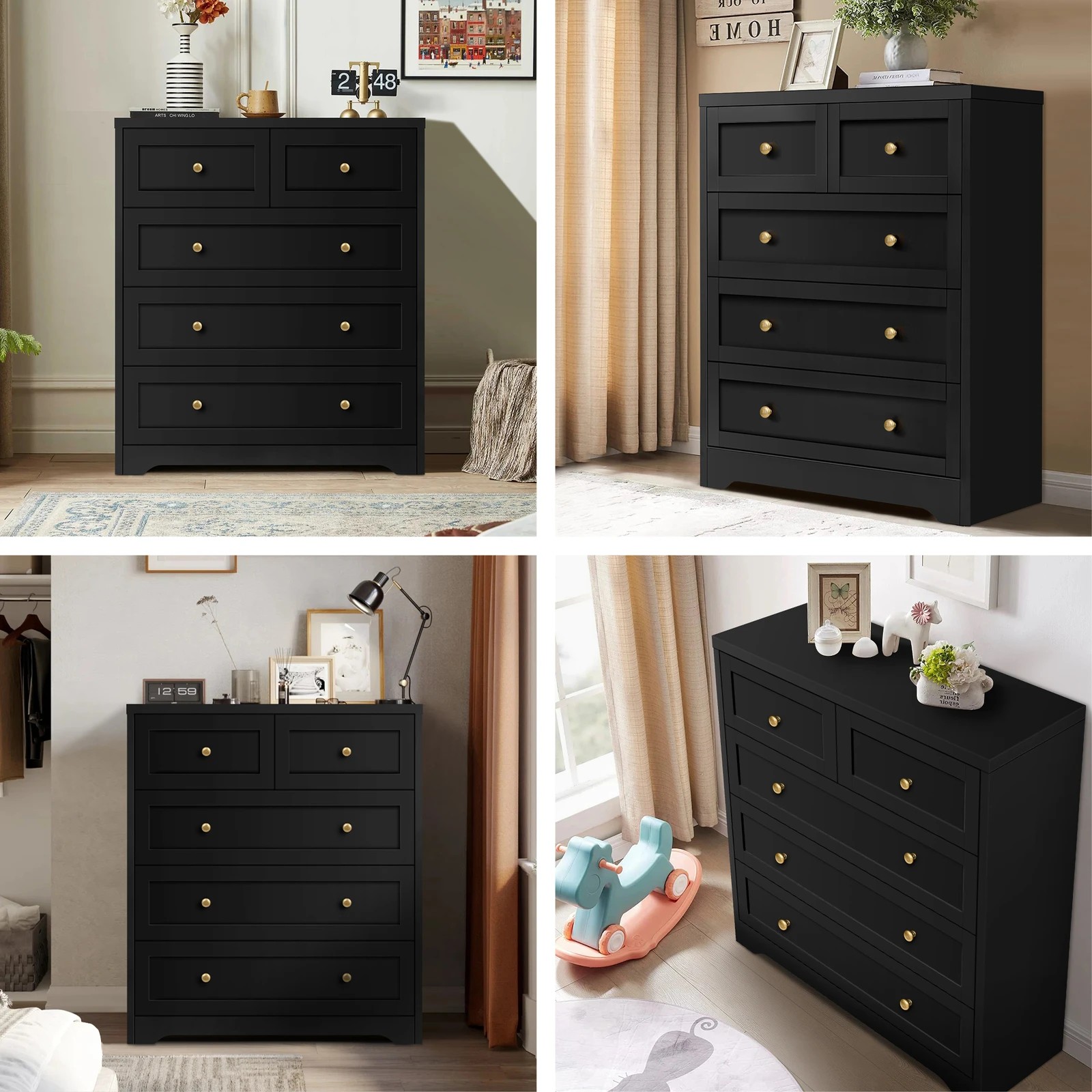 3 Alfordson 5 Chest of Drawers Hamptons Storage Cabinet Dresser Tallboy - Black, 3 of 8