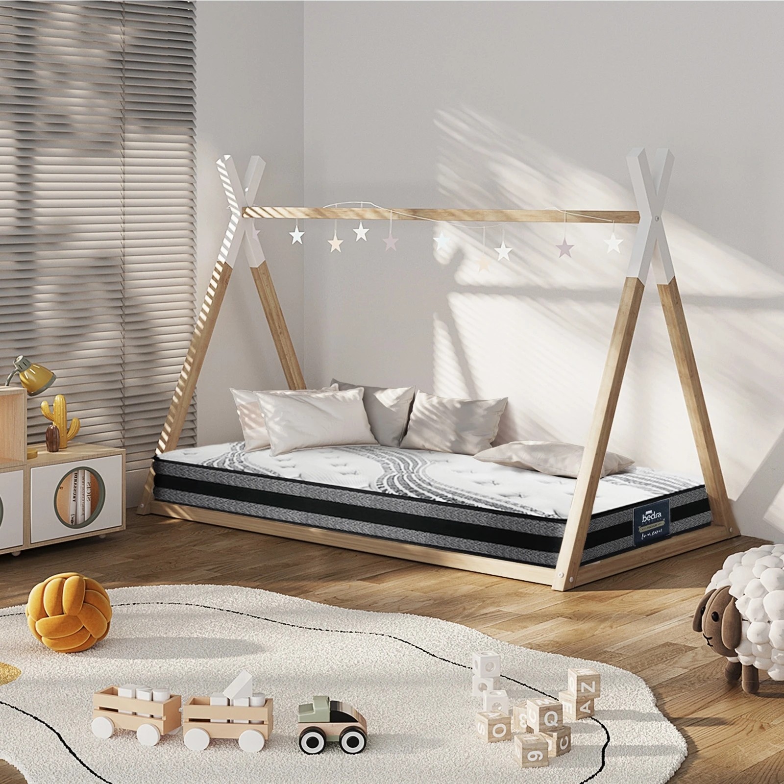 3 Oikiture Kids Bed Frame With Single Mattress Set Teepee House Style
 - Multi, 3 of 10