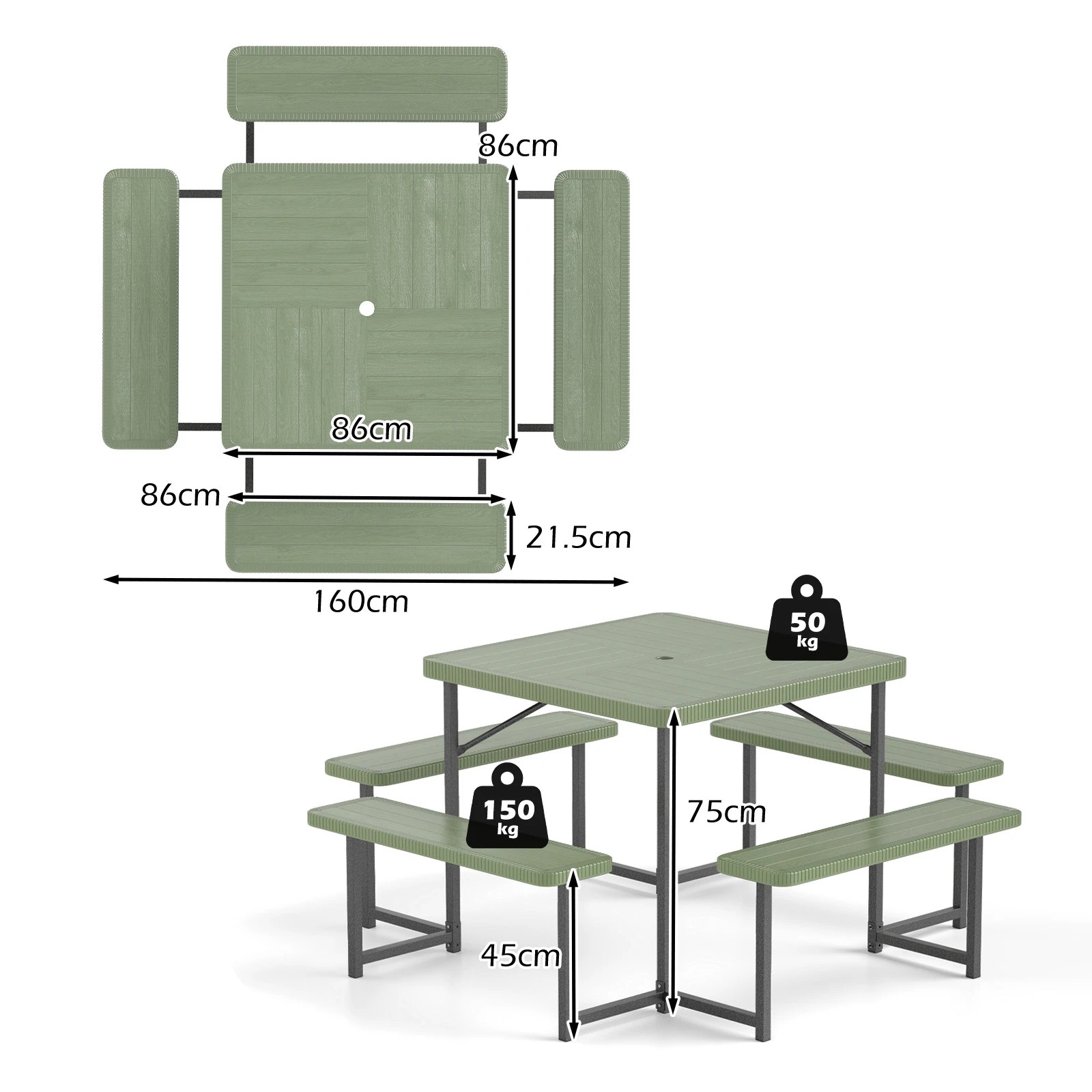 2 Costway Picnic Table Bench Set for 4-8 People w/All-Weather HDPE Tabletop & Umbrella Hole - Green, 2 of 3