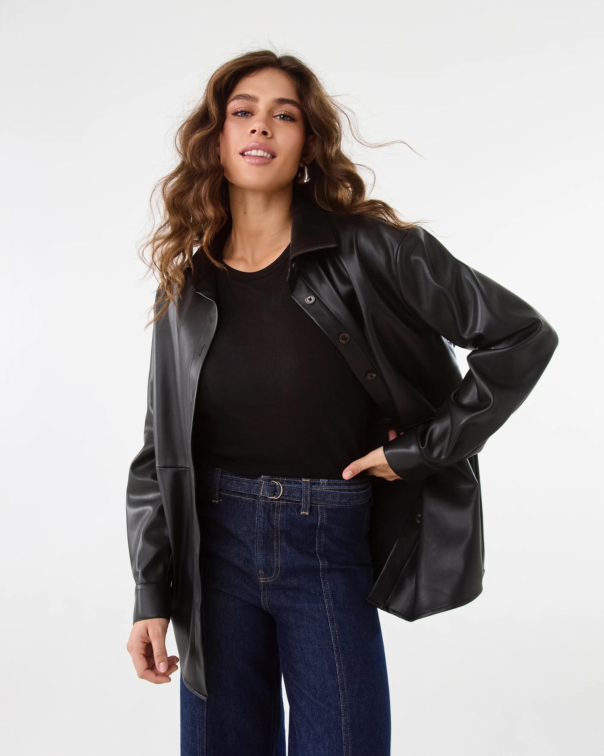 2 Long Sleeve Faux Leather Shirt Black, 2 of 6