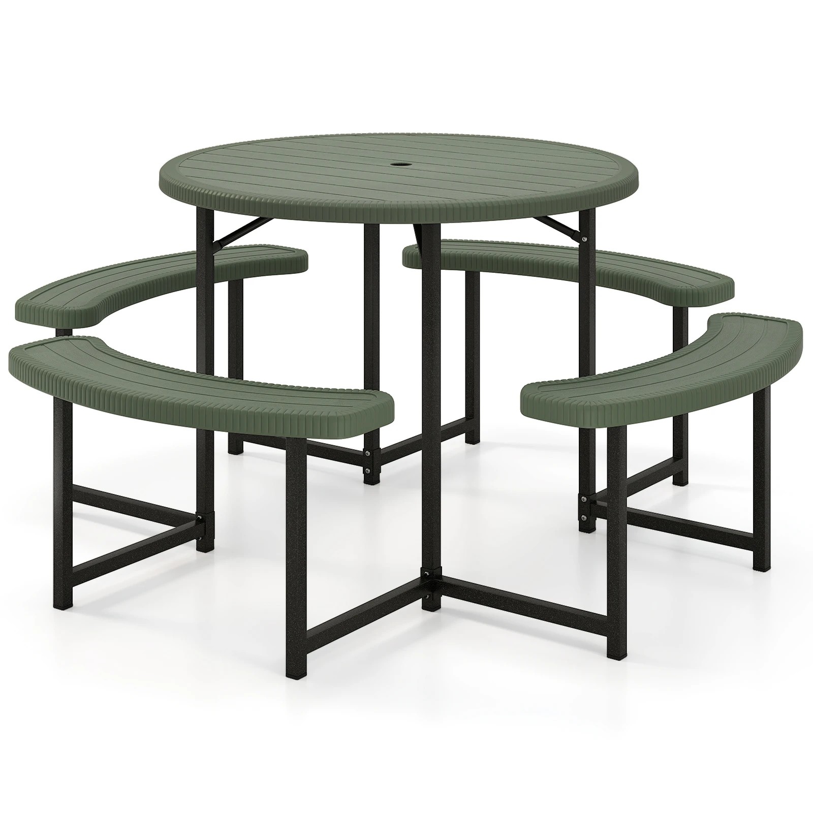 1 Costway 95cm Round Picnic Table Bench Set w/Umbrella Hole Patio Outdoor Dining Table & Chairs - Green, 1 of 3