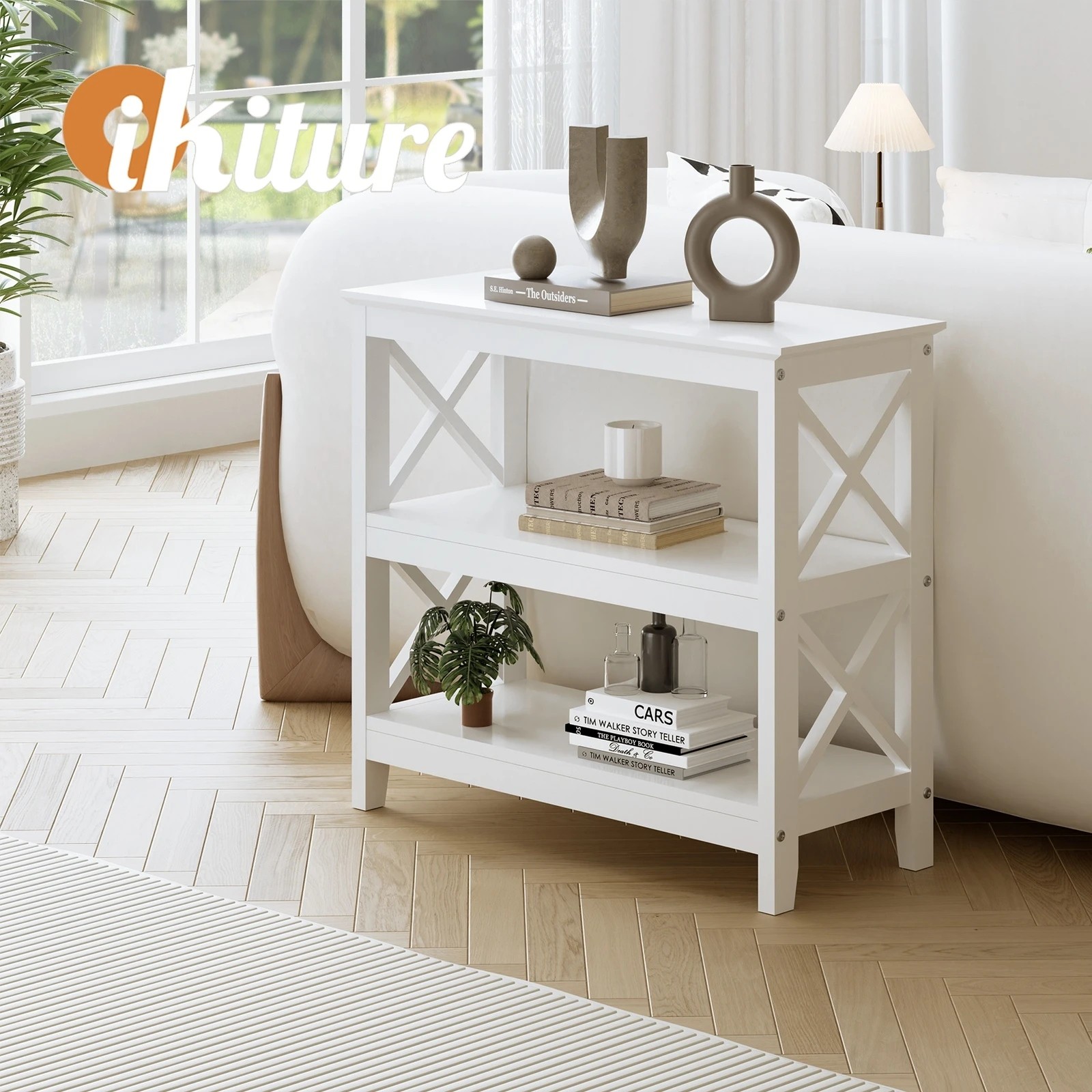 9 Oikiture 3-tier Console Table X-design Wood Sofa Table Hall Side Entry
 - White, 9 of 10