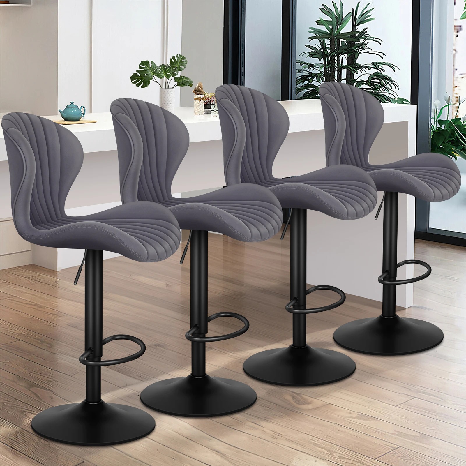 10 Alfordson 4x Bar Stools Gas Lift Air Leather Bar Chairs Kitchen Swivel - Grey, 10 of 10