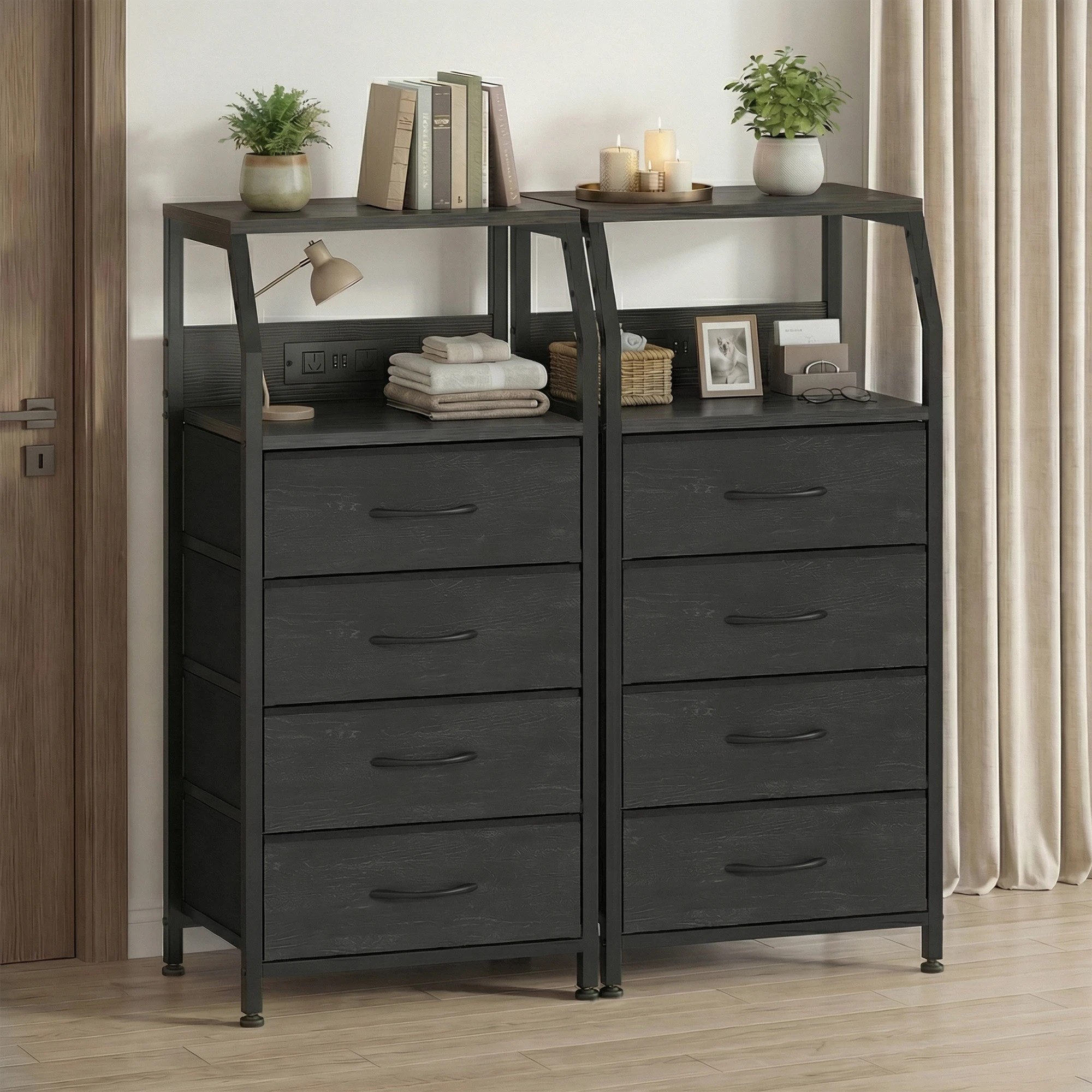 2 Advwin Set of 2 Bedside Table with Charging Station 4 Fabric Drawers Nightstand - Black, 2 of 10
