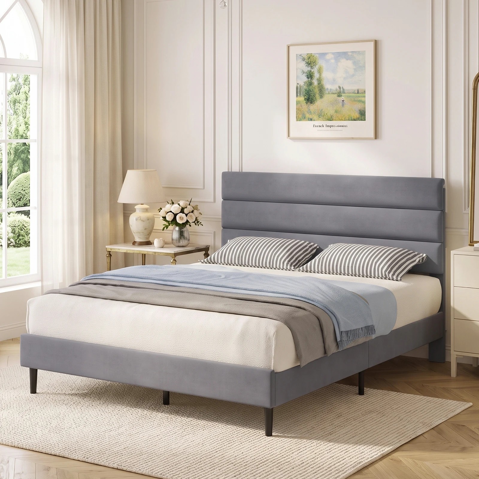4 Advwin Queen Velvet Upholstered Bed Frame with Wooden Slats - Grey, 4 of 7