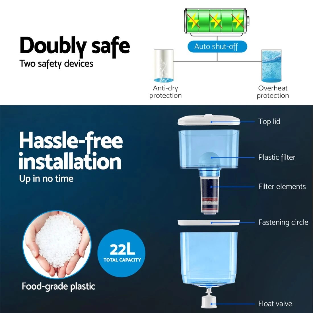 7 Devanti Countertop Benchtop Water Cooler Dispenser 22L 7-Stage Filter Filtration Hot Cold Triple Tap Purifier - multi, 7 of 10