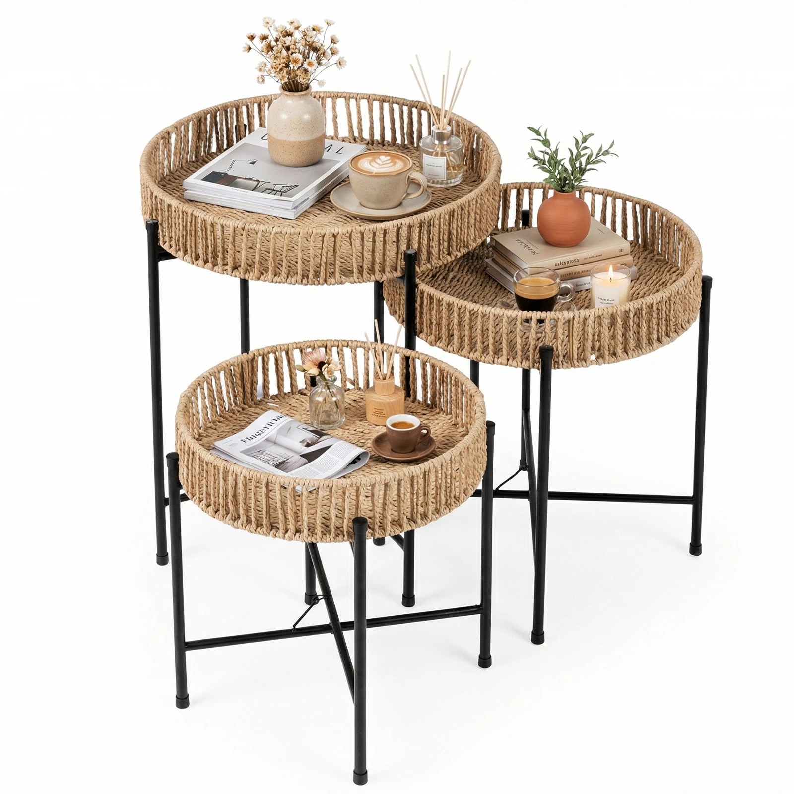 2 Costway Nesting Side Table Set of 3 Round End Table Coffee Table Nightstand, 2 of 4