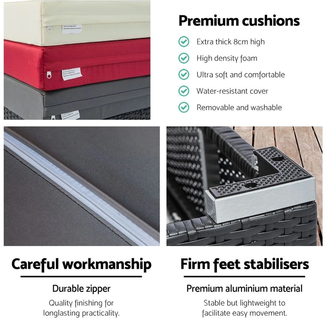 6 Gardeon 3 Piece Rattan Sun Lounge Set Adjustable Backrests Cushioned Day Bed Outdoor Wicker Aluminium Frame - Black, 6 of 8