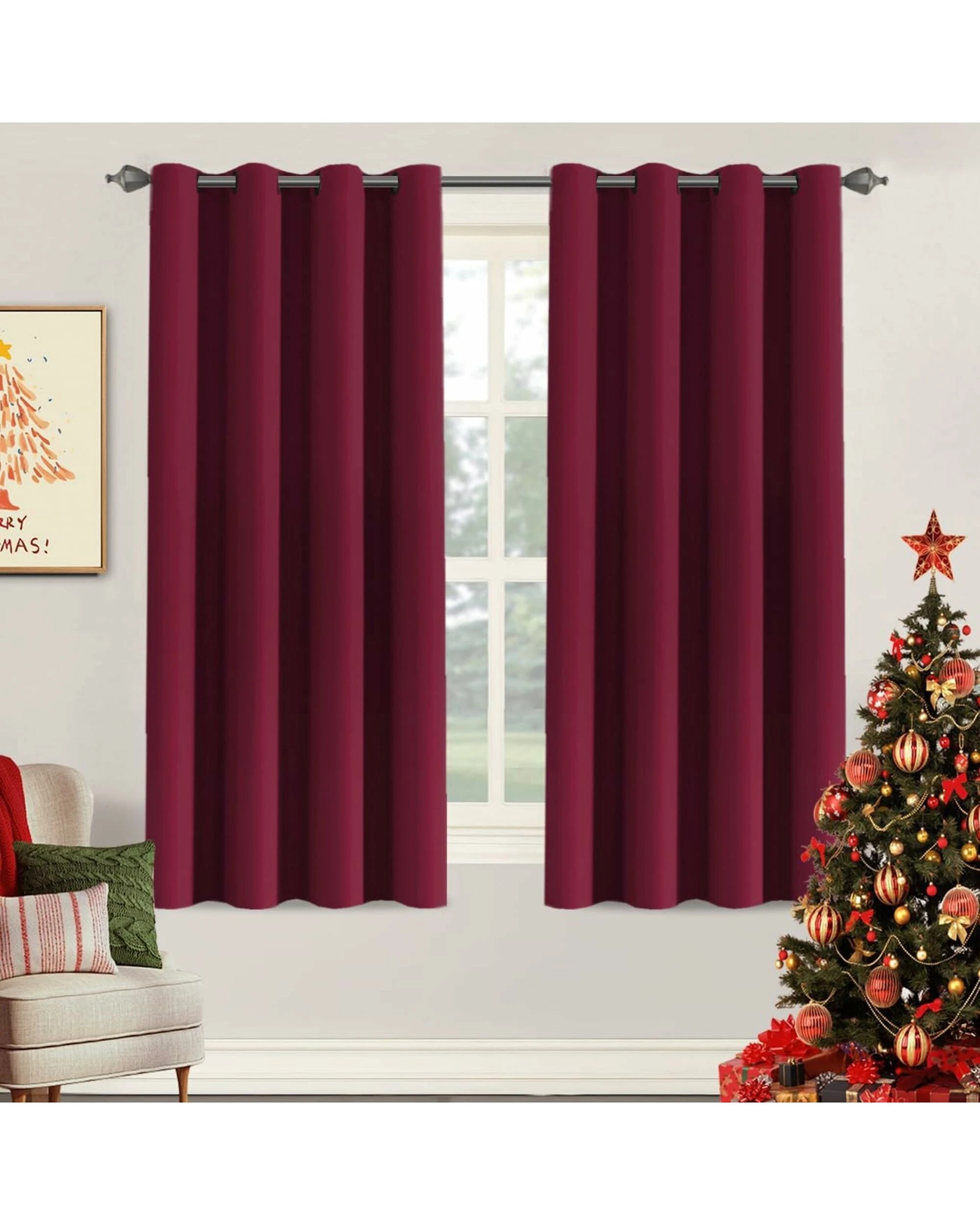 1 Smarcute Blockout Grommet Solid Curtain - 2X 132x160cm - Burgundy, 1 of 4