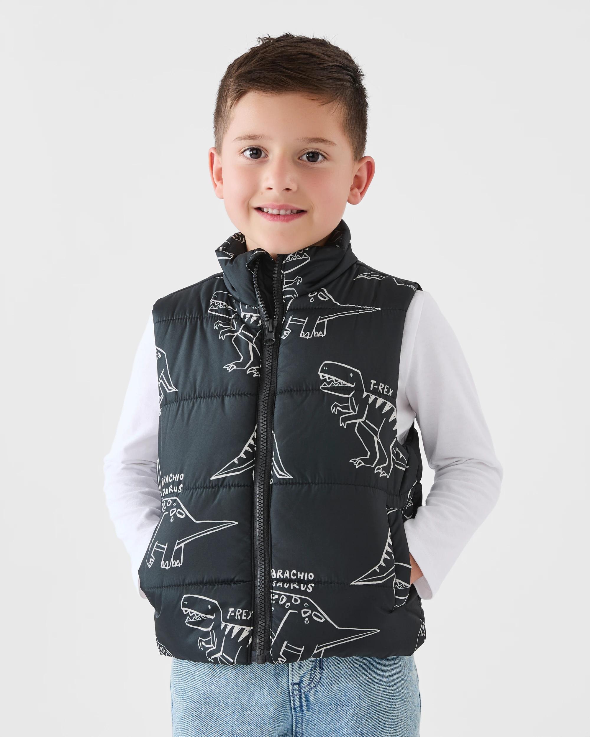 2 Printed Puffer Vest Blk Dino, 2 of 7