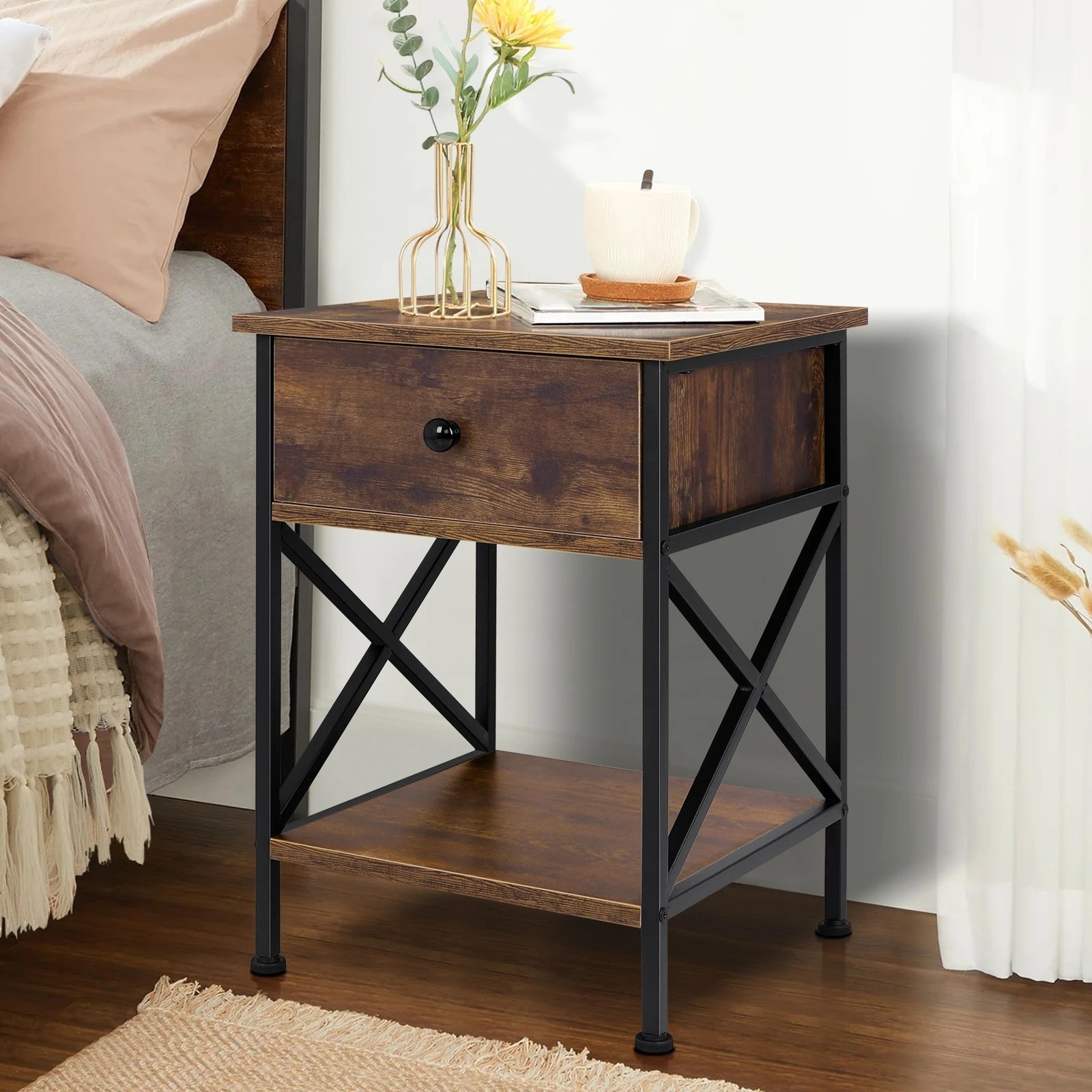 2 Alfordson Bedside Table Retro Wooden Nightstand Vintage Storage Side Cabinet - Brown, 2 of 10