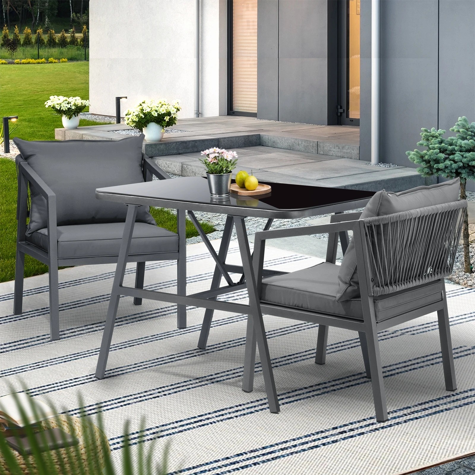 9 Livsip 3pcs Outdoor Dining Setting Lounge Patio Furniture Table Chairs Set
 - Grey, 9 of 10