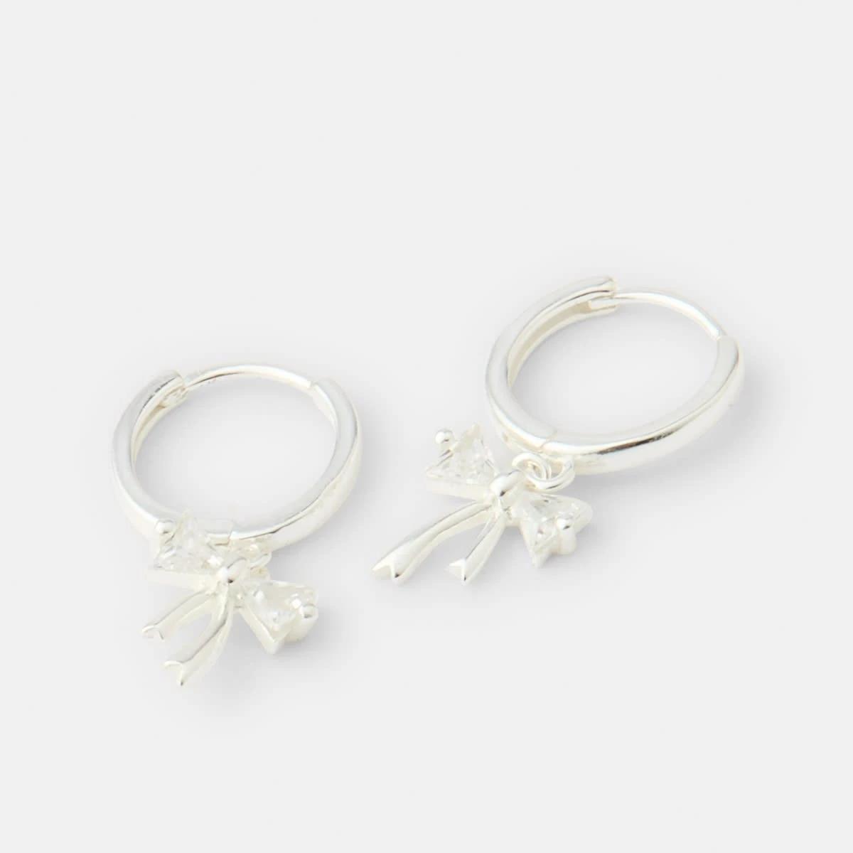 3 Cubic Zirconia Sterling Silver 925 Bow Hoop Earrings Silver, 3 of 5