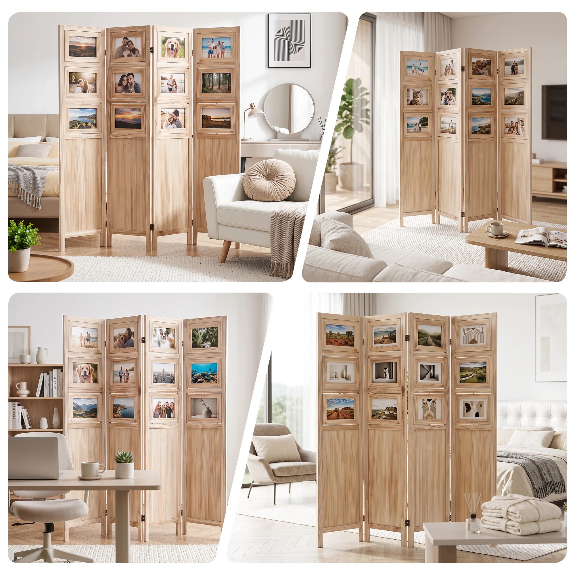 7 Artiss Room Divider 4 Panel Privacy Screen Partition Photo Collage Display Solid Wood - Natural, 7 of 7