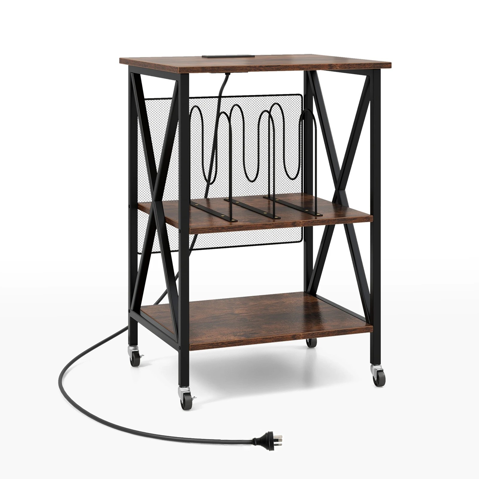 1 Costway Mobile Record Player Stand w/Charging Station 3-Tier Side End Table, 1 of 8