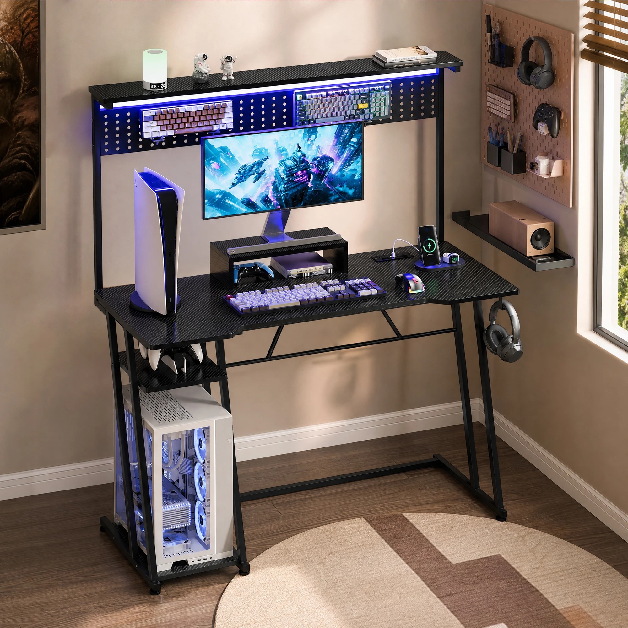 4 Advwin 120cm LED Gaming Desk w/  Power Outlets Reversible Carbon Fiber w/ Shelf hook & Pegboard - Black, 4 of 8