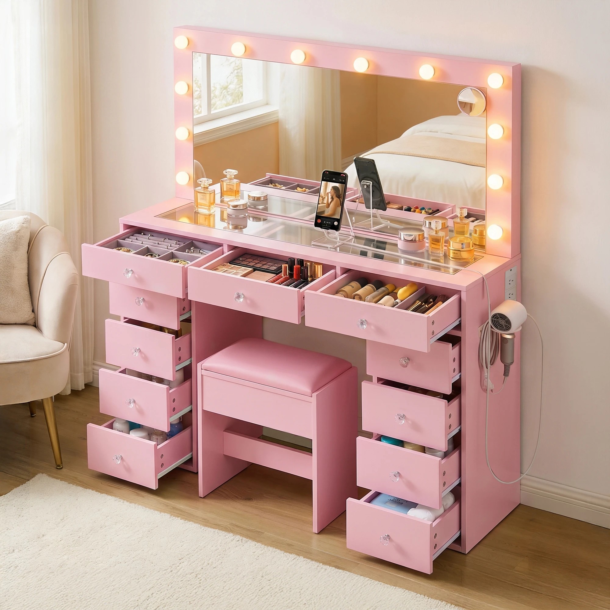 6 Artiss Dressing Table Charging Station LED Vanity Desk Set Stool Glass Top Make up Mirror Storage Drawer - Pink, 6 of 9