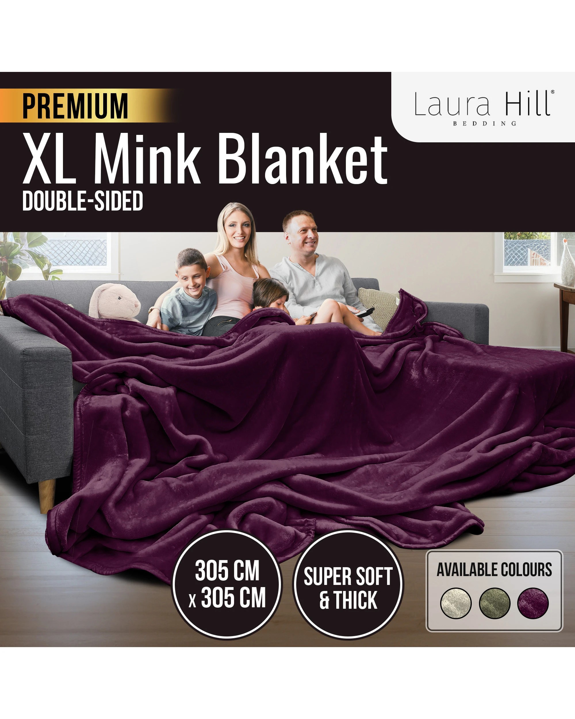 2 Laura Hill 3m X 3m Xl Faux Mink Blanket Double-sided Soft Plush Bed Oversized Throw Rug Purple
 - Super King Bed, 2 of 10