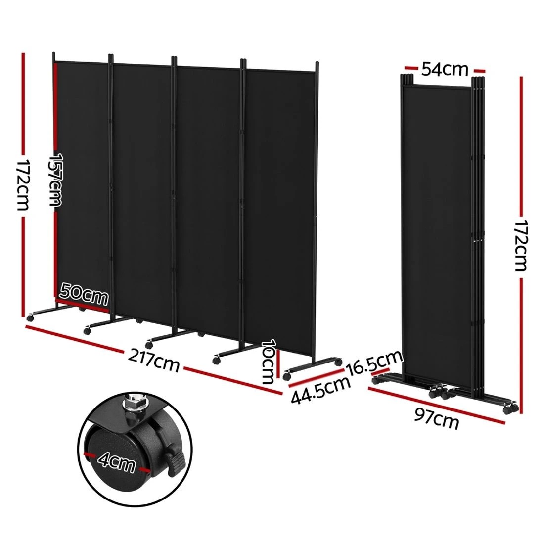 2 Artiss 4 Panel Room Divider Screen 217cm Fabric with Wheels Foldable Folding Metal Steel Frame Privacy Partition - black, 2 of 7