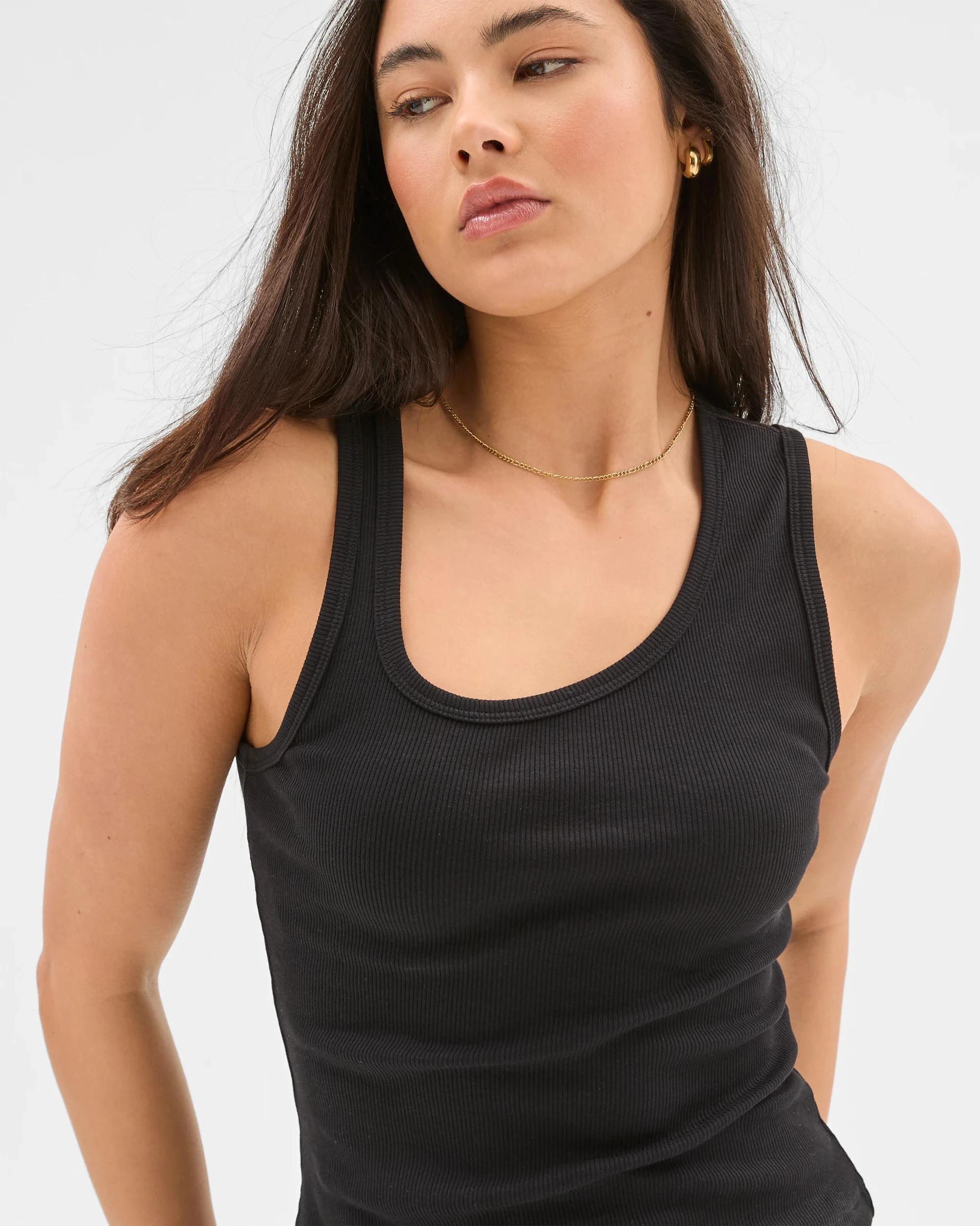 3 Australian Cotton Asymmetrical Neck Tank Top - Lily Loves BLACK, 3 of 5
