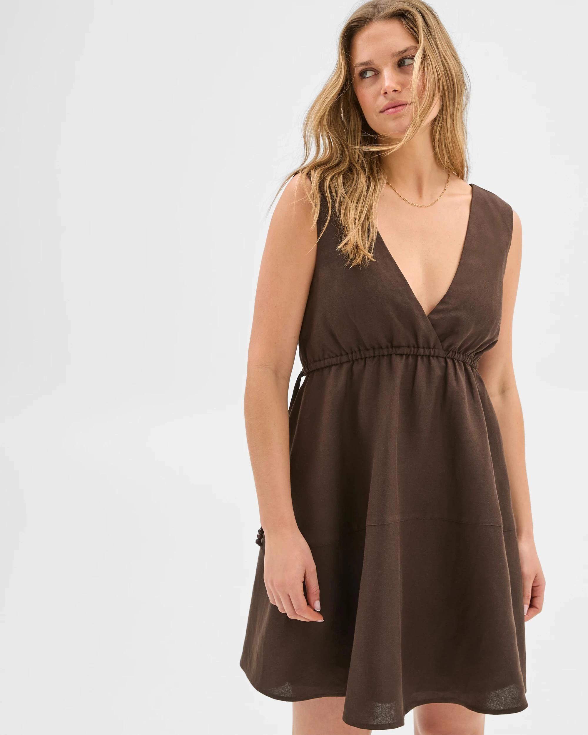 4 European Linen Blend Cinched Waist Mini Dress - Lily Loves DEEP BROWN, 4 of 6