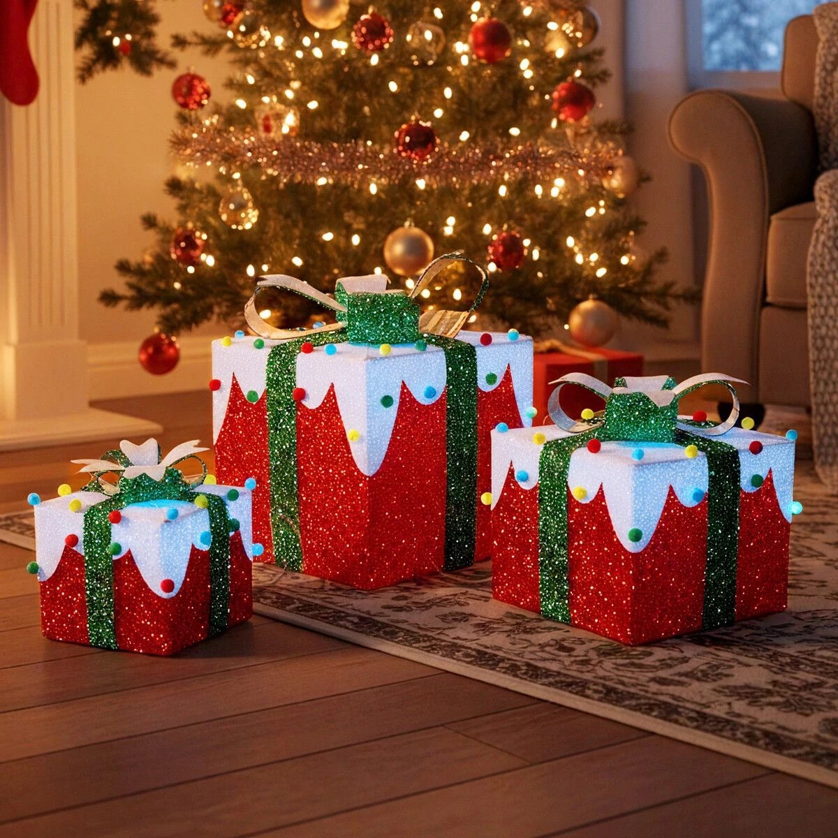 4 AUSWAY LED Christmas Lights Decorations Outside String Lighted Red Gift Boxes, 4 of 7