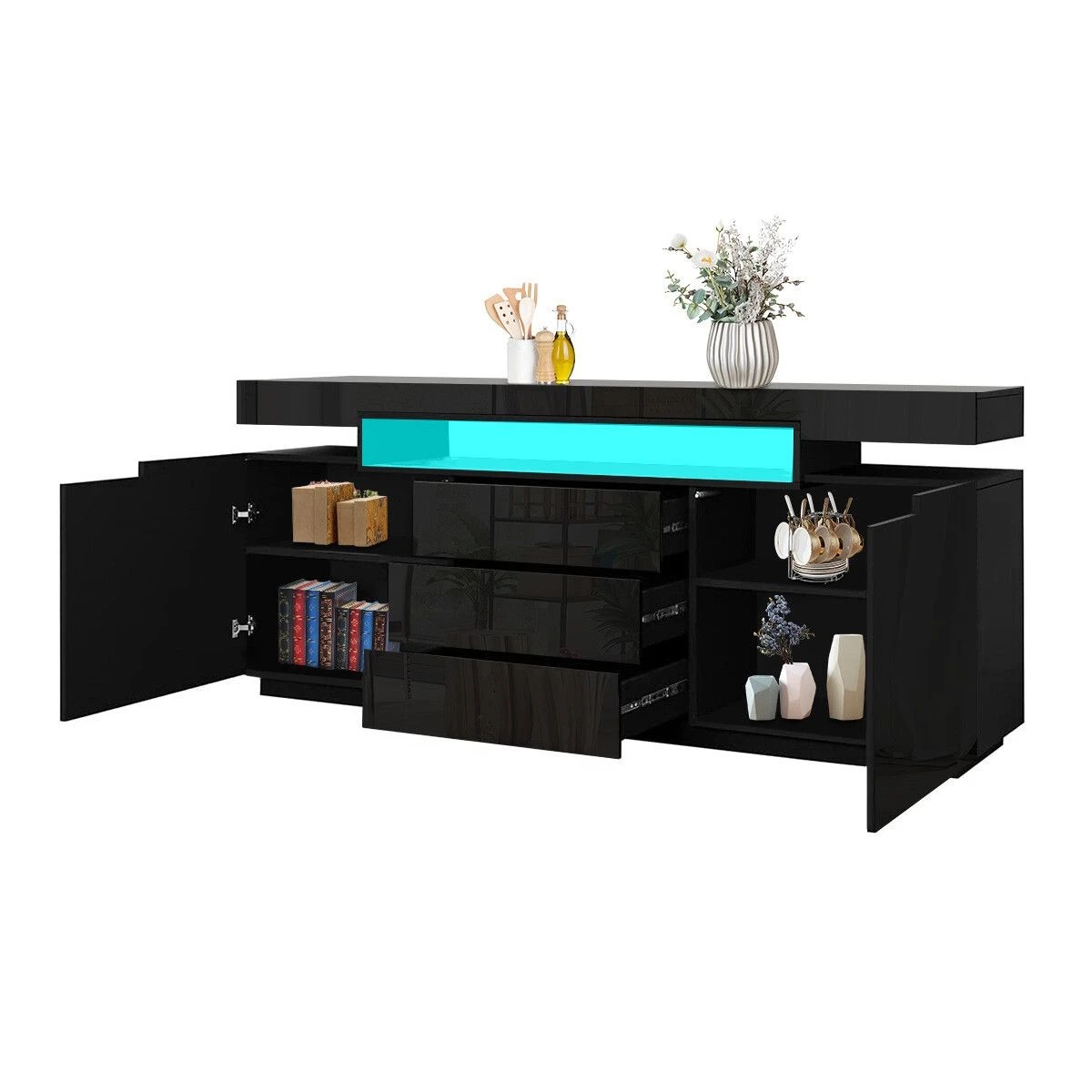 7 Ausway LED Sideboard TV Stand Cabinet Entertainment Unit Buffet Table High Gloss 3 Drawers, 7 of 7