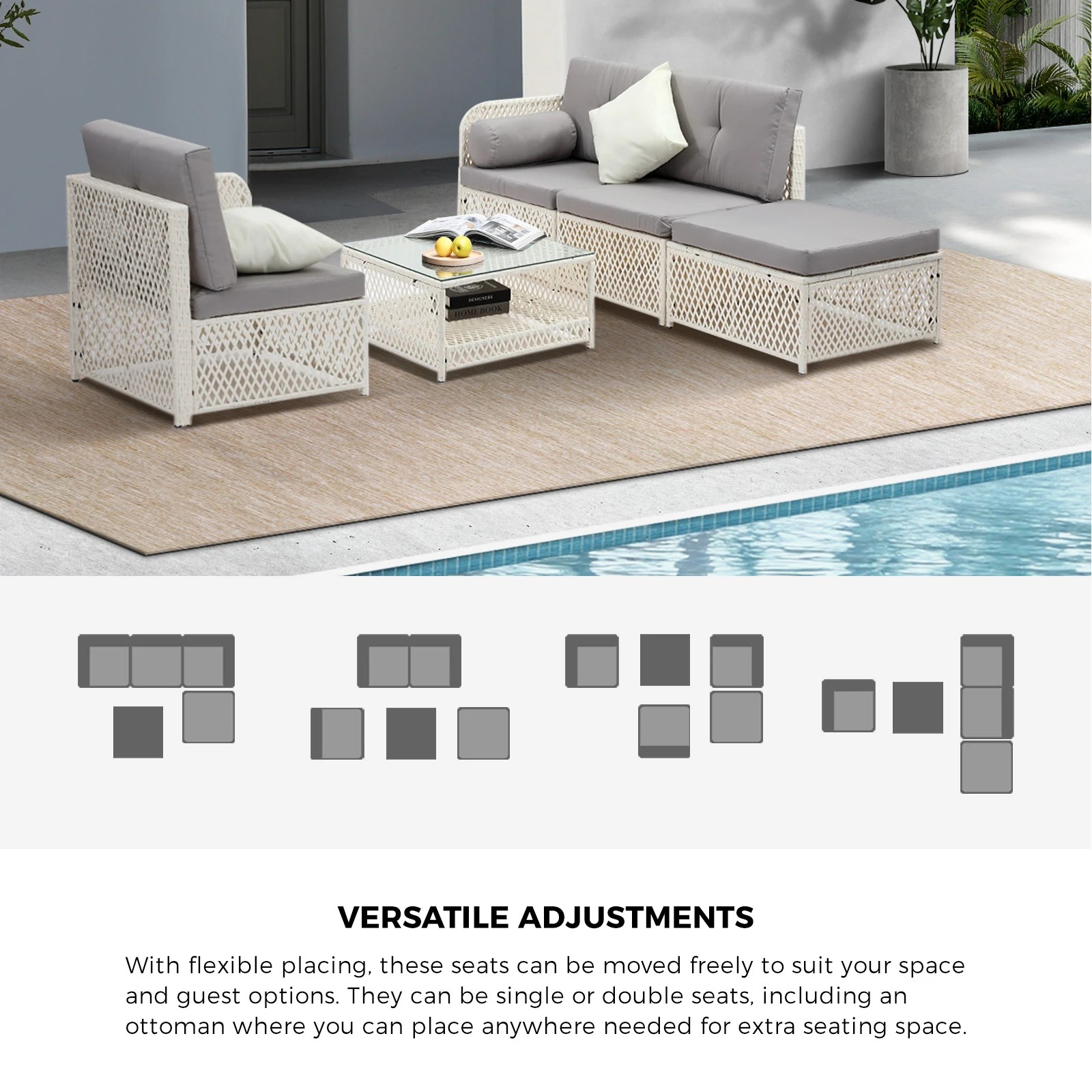 5 Livsip Outdoor Sofa Set 4 Seater Wicker Lounge Setting - White, 5 of 8