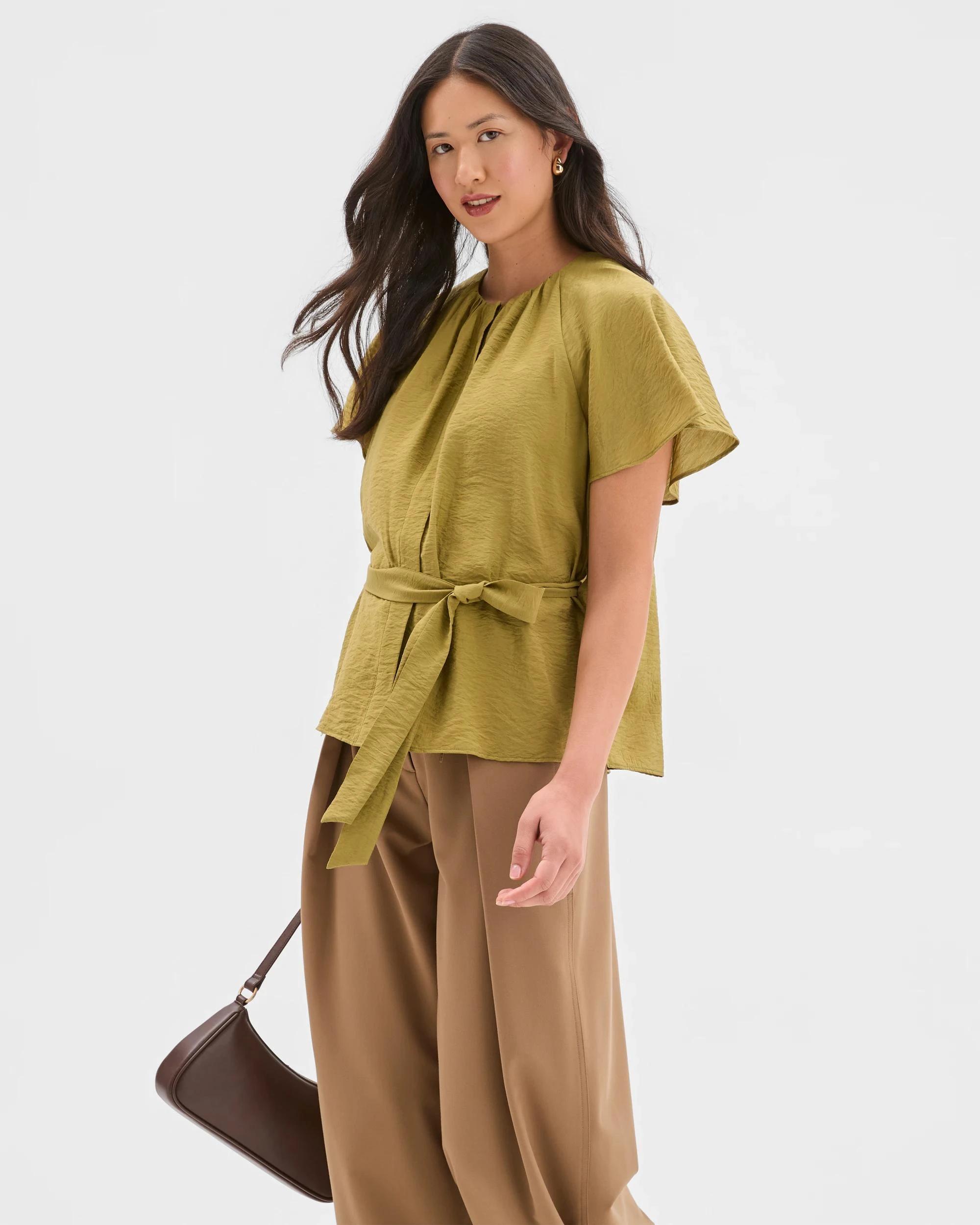 4 Preview Short Sleeve Belted Blouse OLIVE GREEN, 4 of 6