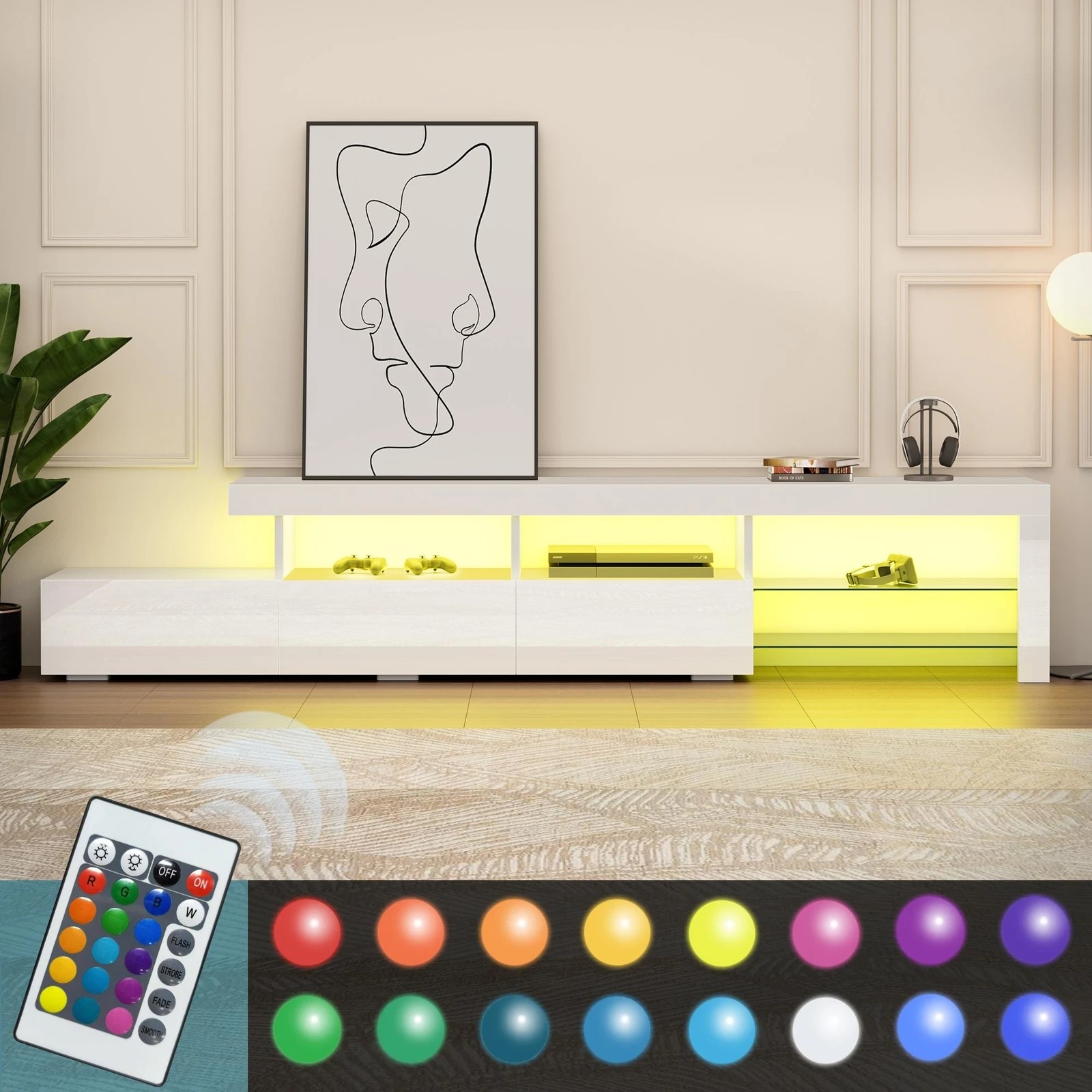 6 Alfordson Entertainment Unit 220cm TV Stand LED Light Storage Gloss - White, 6 of 10