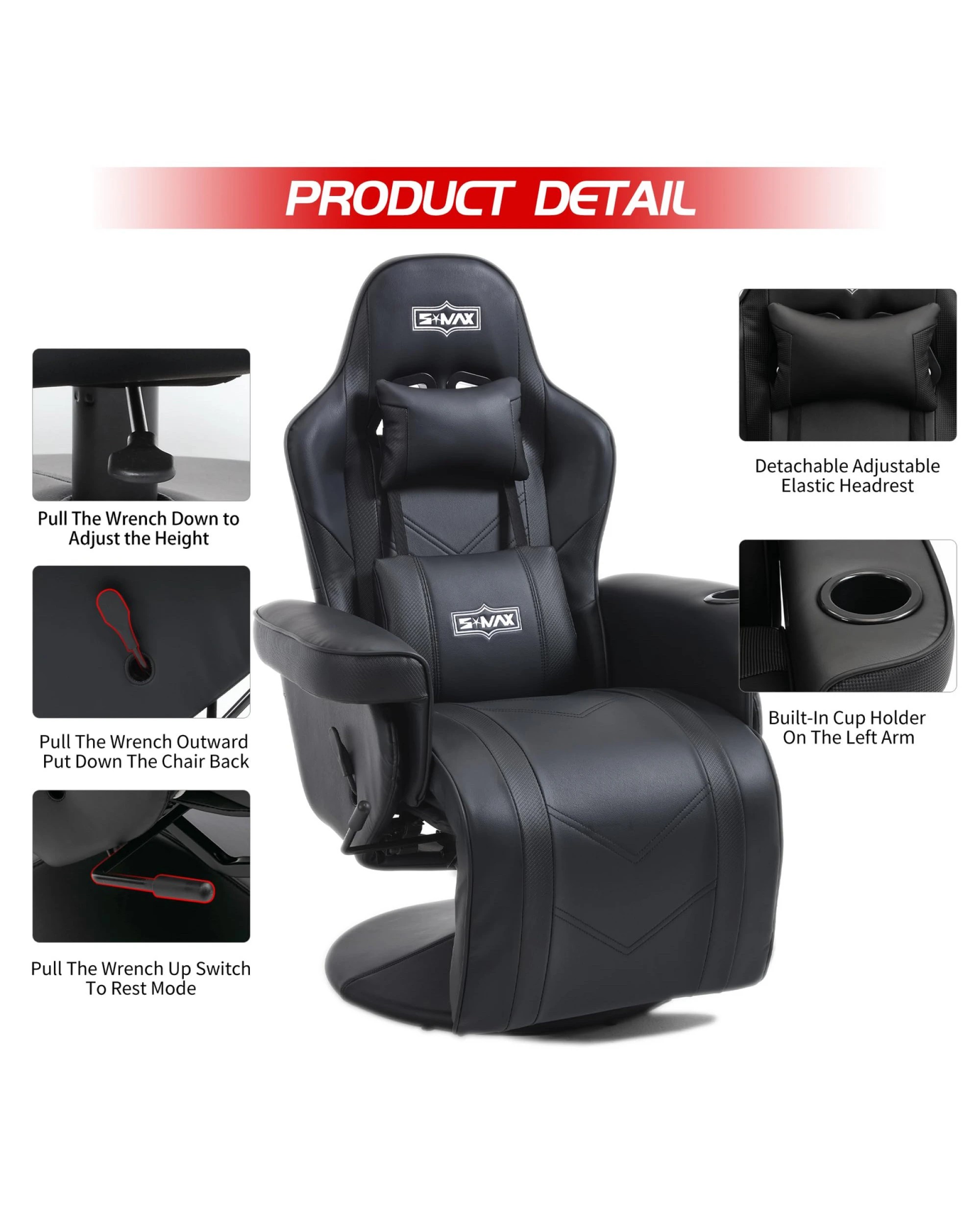 3 BR Home Gaming Recliner Chair with Gas Lift Height Adjustment in Black, 3 of 6