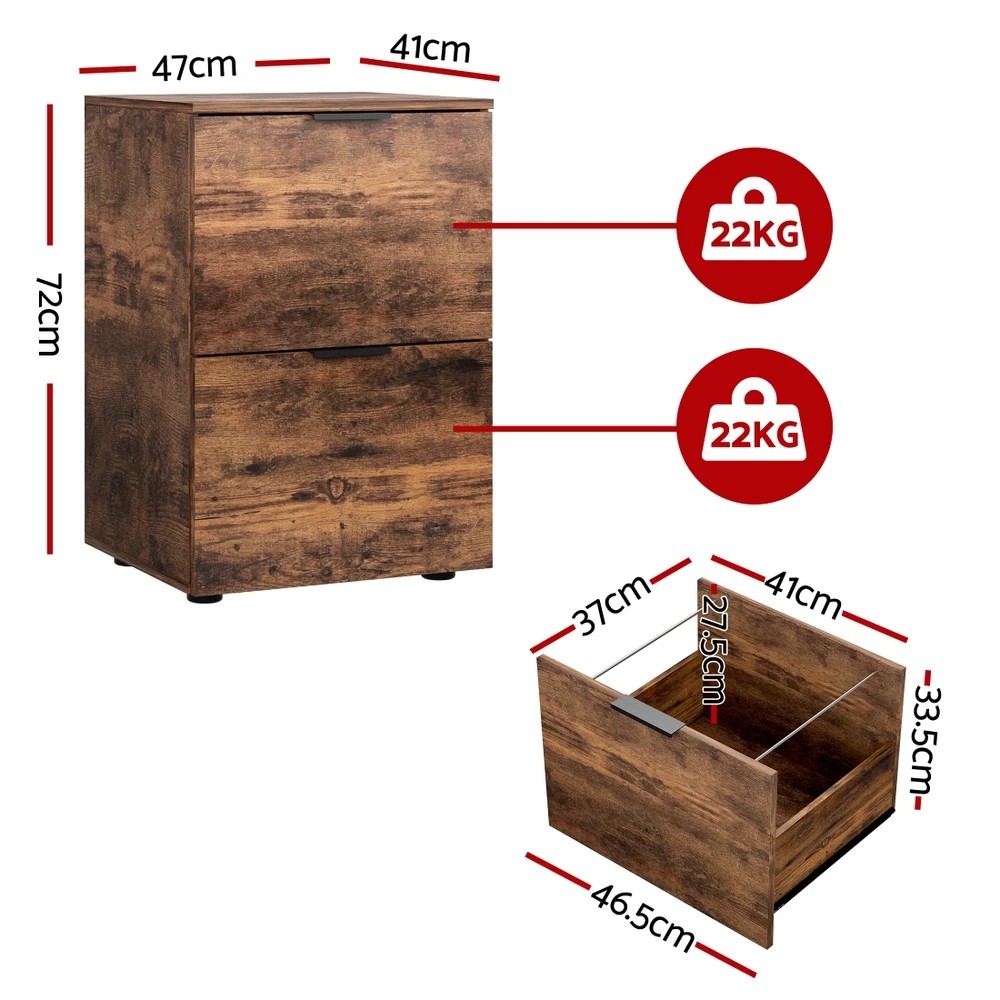 3 Artiss Filing Cabinet Files Storage Office Shelves File Organiser Rustic  2 Drawer - Natural, 3 of 4