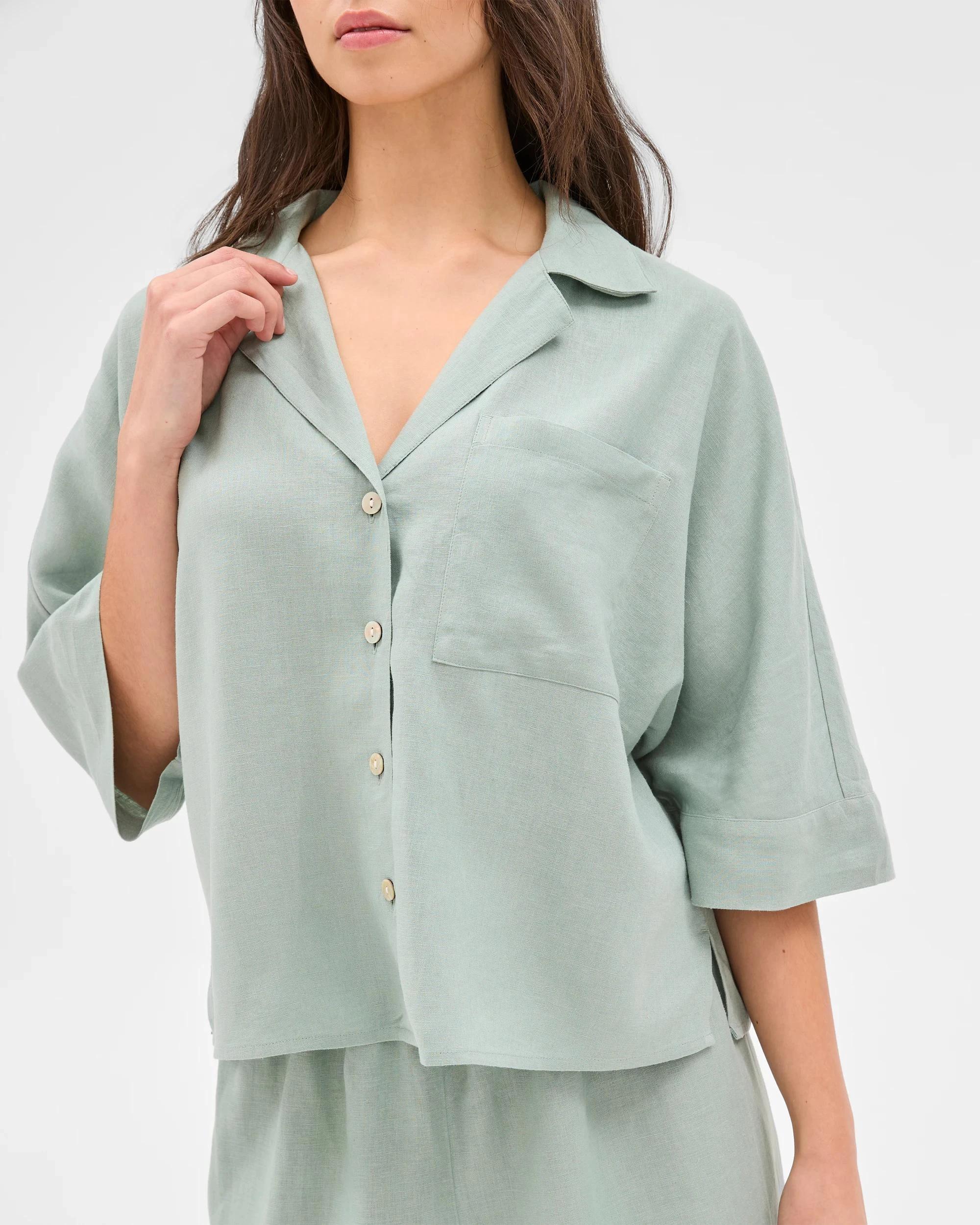 5 Target Woman Womens Linen Blend Shorts and Shirt Pyjama Set JADEITE GREEN, 5 of 5