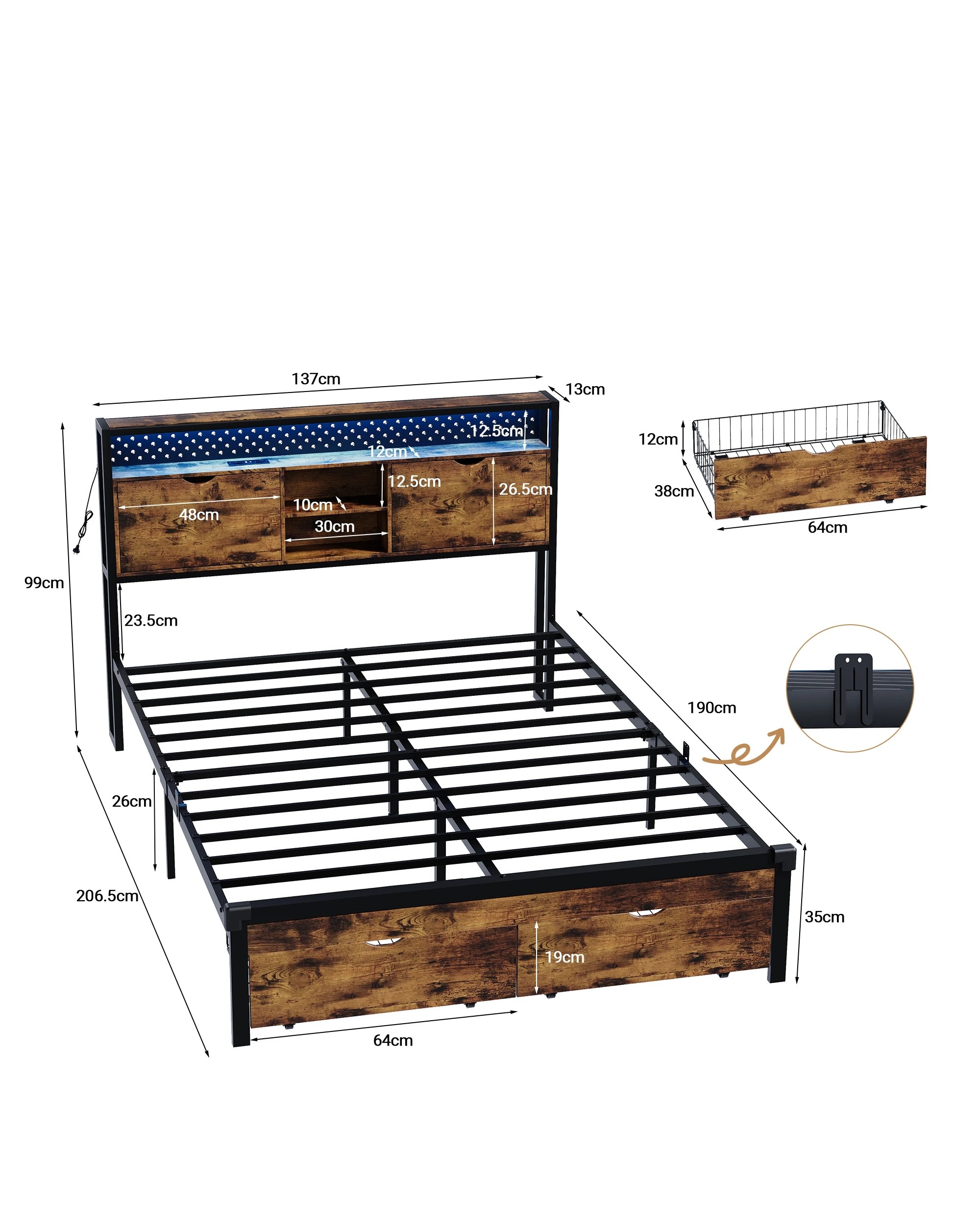 3 Advwin Double Bed Frame with 2 Storage Drawers & LED Lights & Charging Station - Brown, 3 of 7