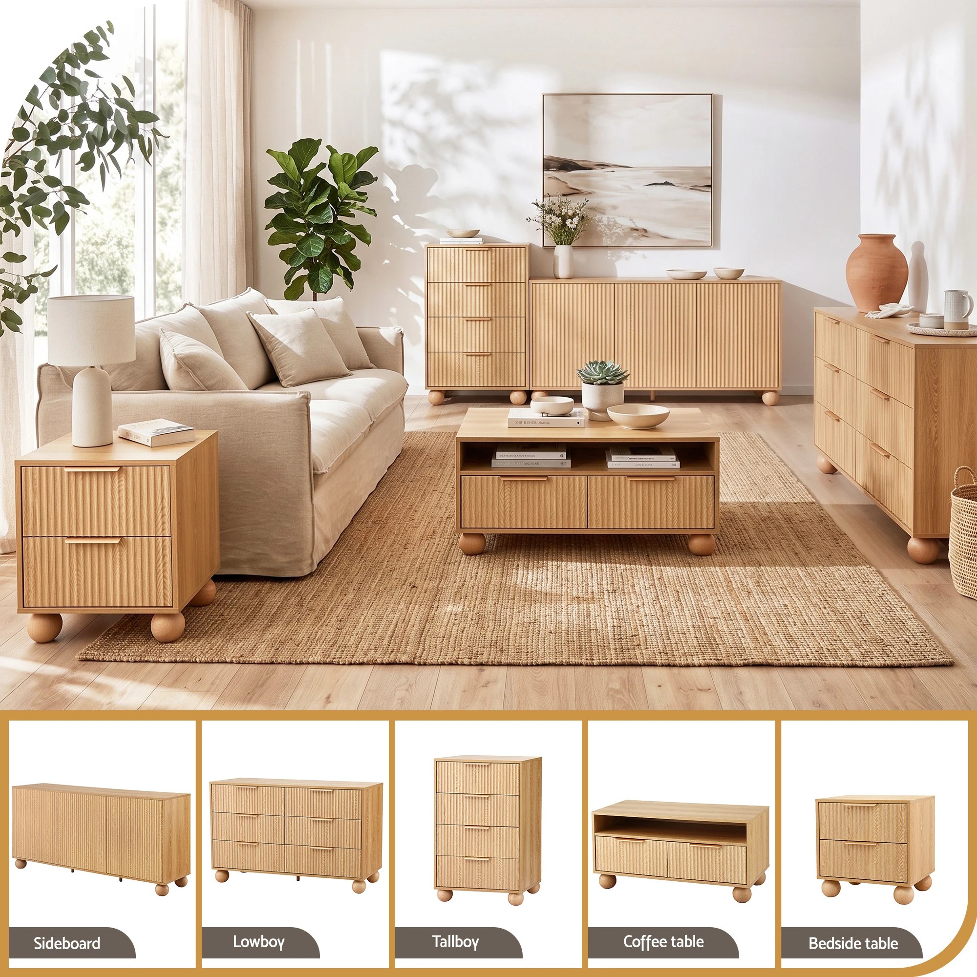 10 Artiss Buffet Cabinet Sideboard 2-Tier Kitchen Storage Ball Legs180cm - Natural, 10 of 10