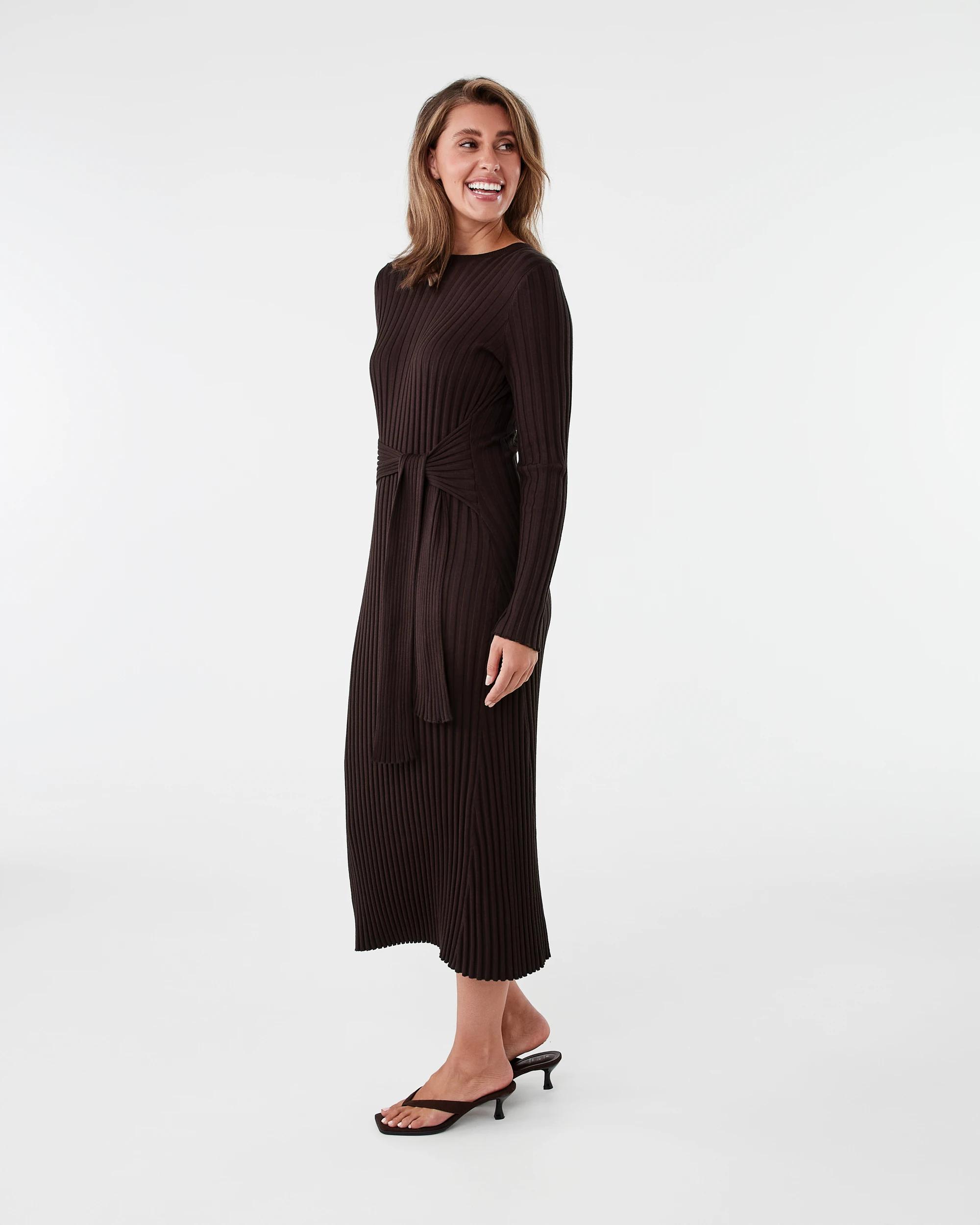 2 Long Sleeve Waist Tie Maxi Dress Melt Brown, 2 of 8