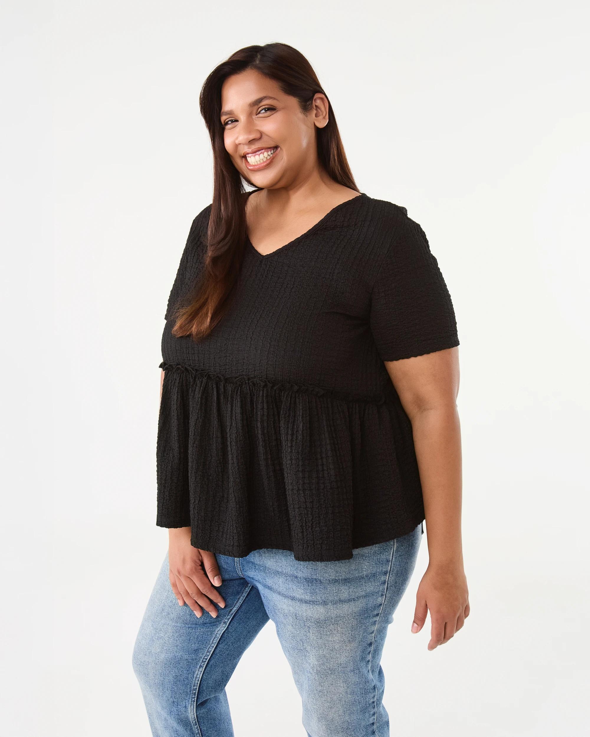 2 Curve Short Sleeve Textured Peplum Top Black, 2 of 7