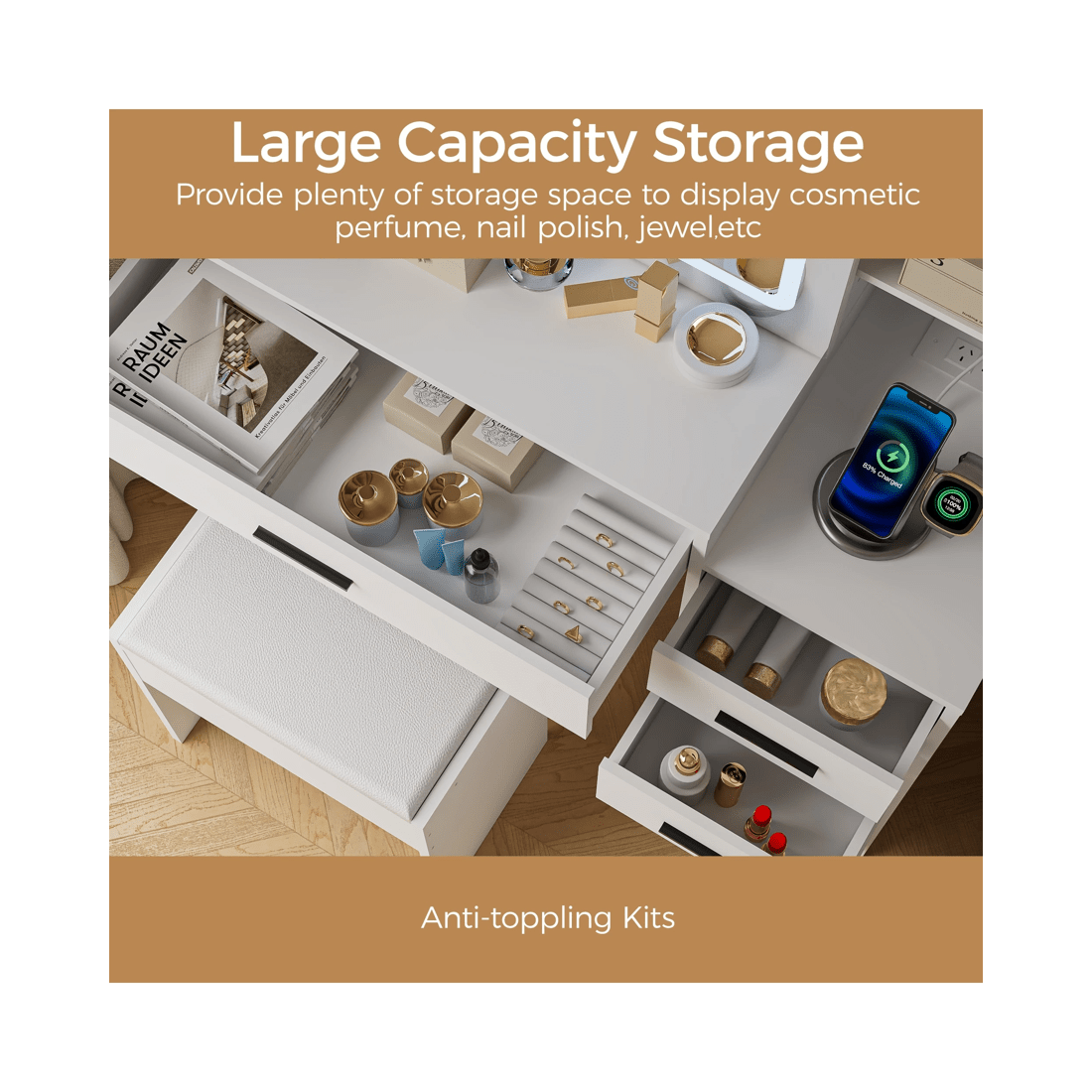 8 Advwin Dressing Table Stool Set With Mirror Led Lights Jewelry Armoire, 8 of 10