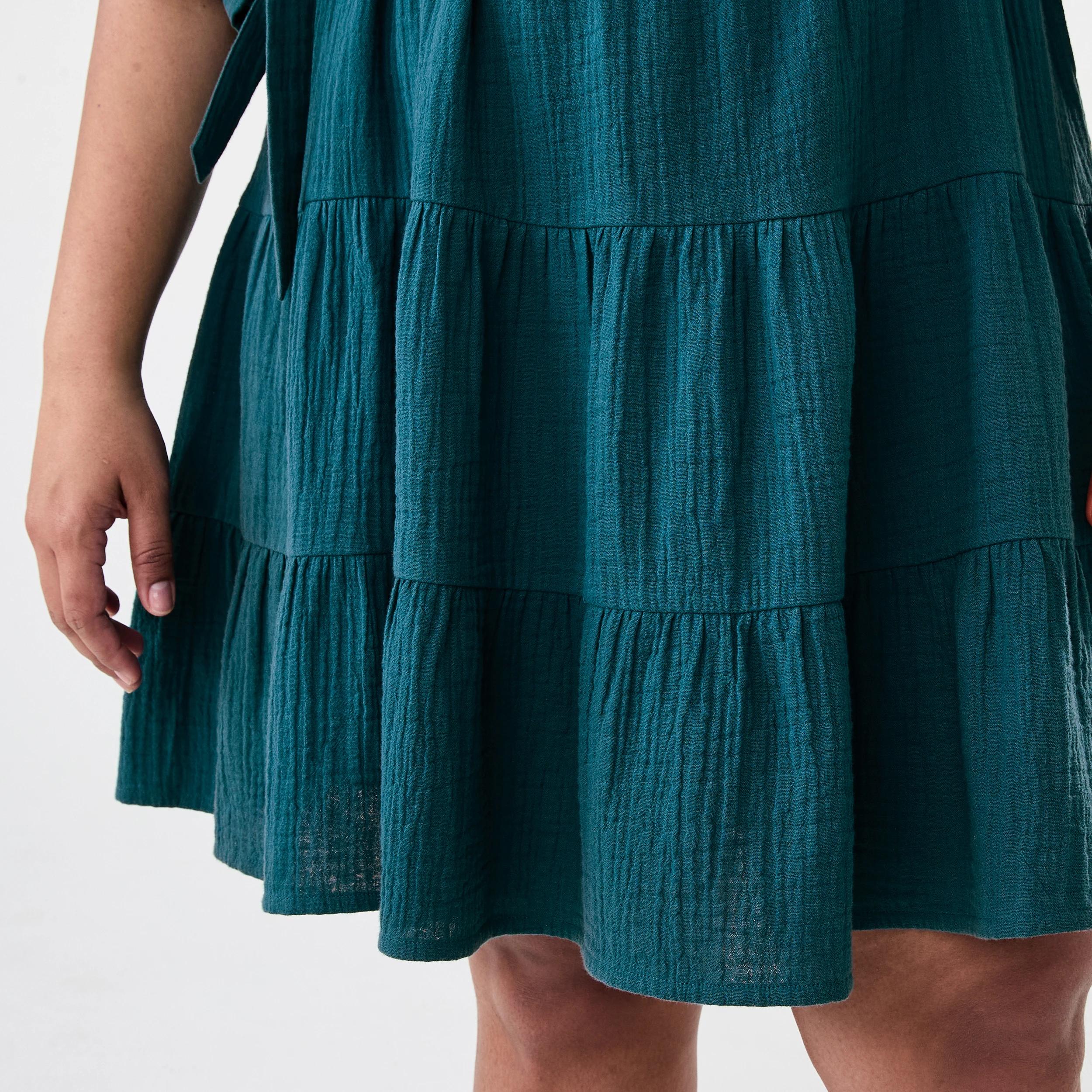 6 Curve Short Sleeve Tiered Double Cloth Midi Dress Teal Coral, 6 of 8