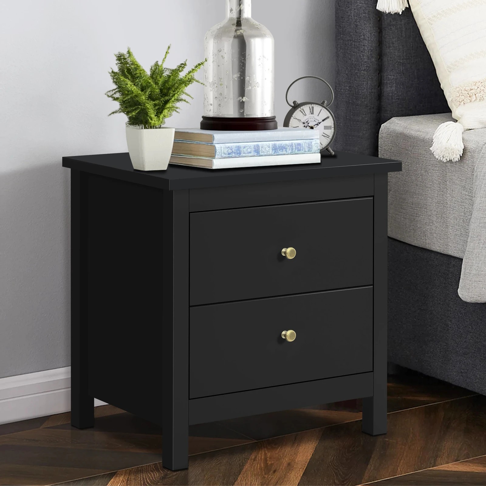 2 Alfordson 2x Bedside Table Hamptons Nightstand Storage Side End 2 Drawers - Black, 2 of 6