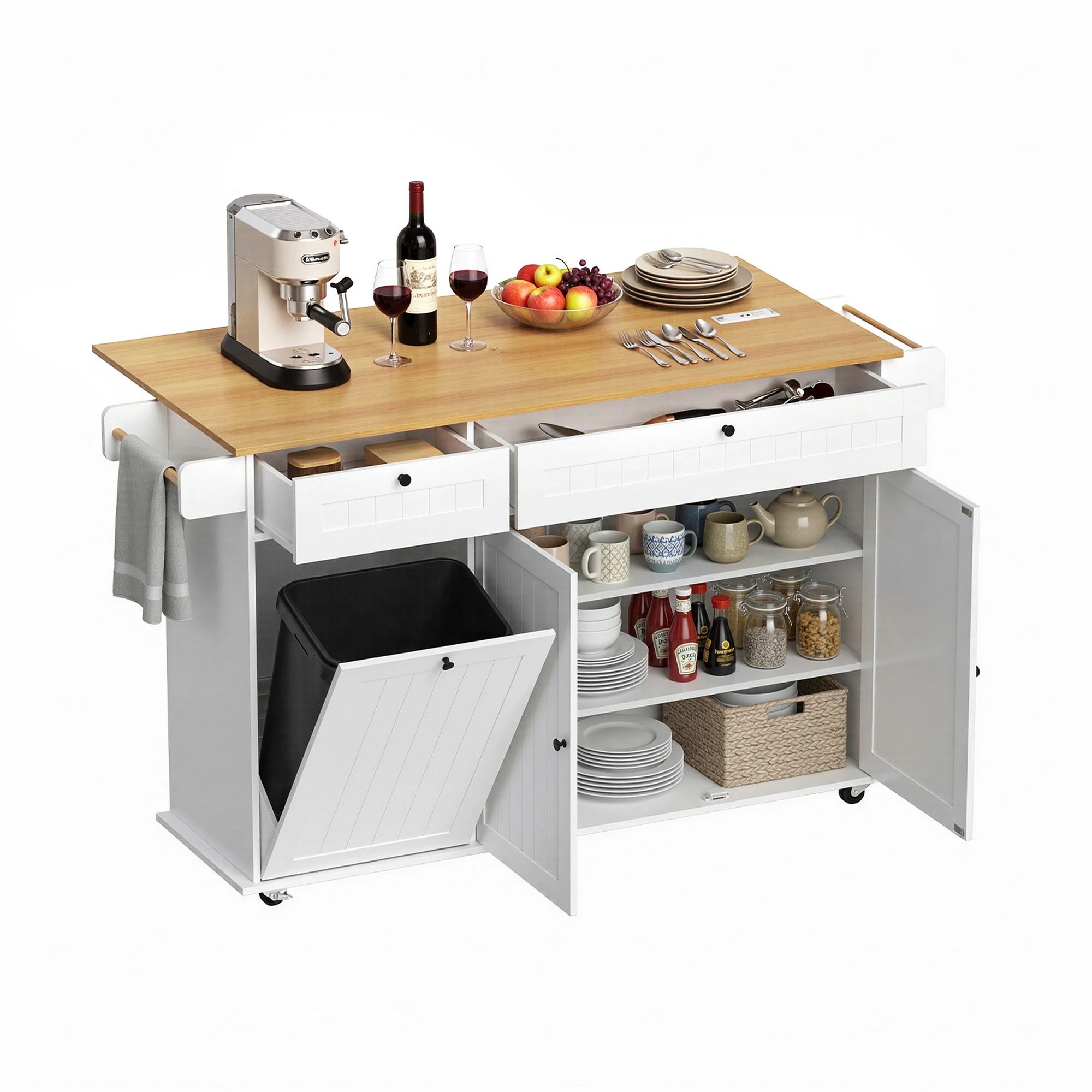 1 Artiss Kitchen Island Trolley Rolling Serving Cart Storage Drawer Cabinet 150cm - White, 1 of 9