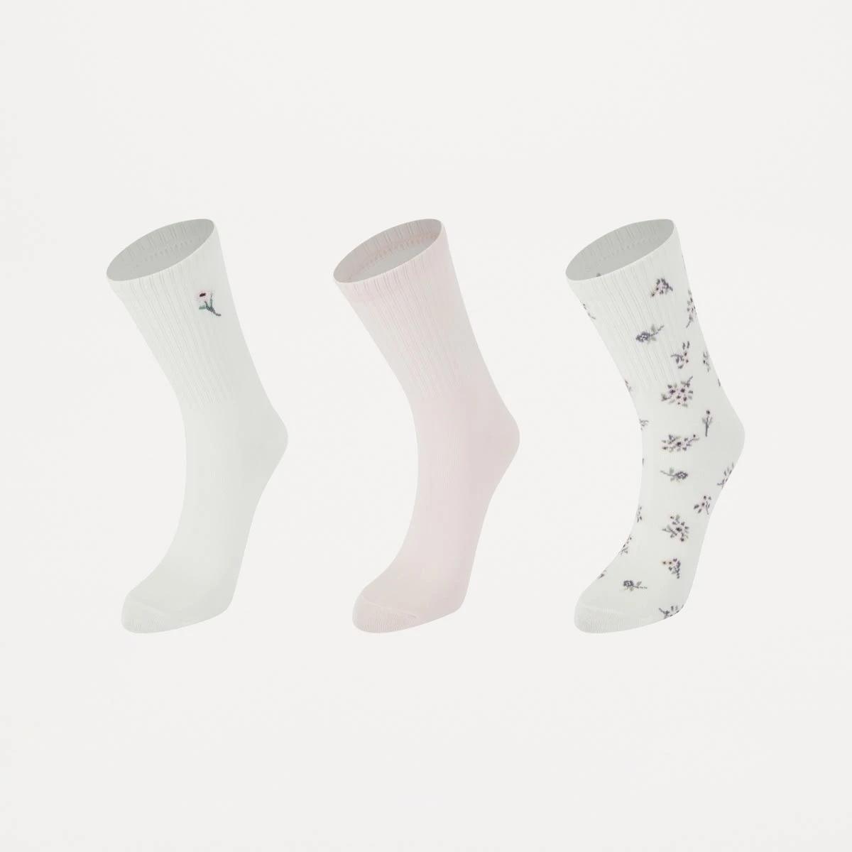 1 3 Pack Rib Quarter Crew Socks FLORAL BALLERINA PINK, 1 of 3