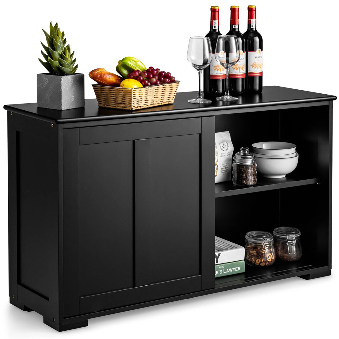 6 Costway Kitchen Buffet Sideboard Sliding Doors Black, 6 of 6