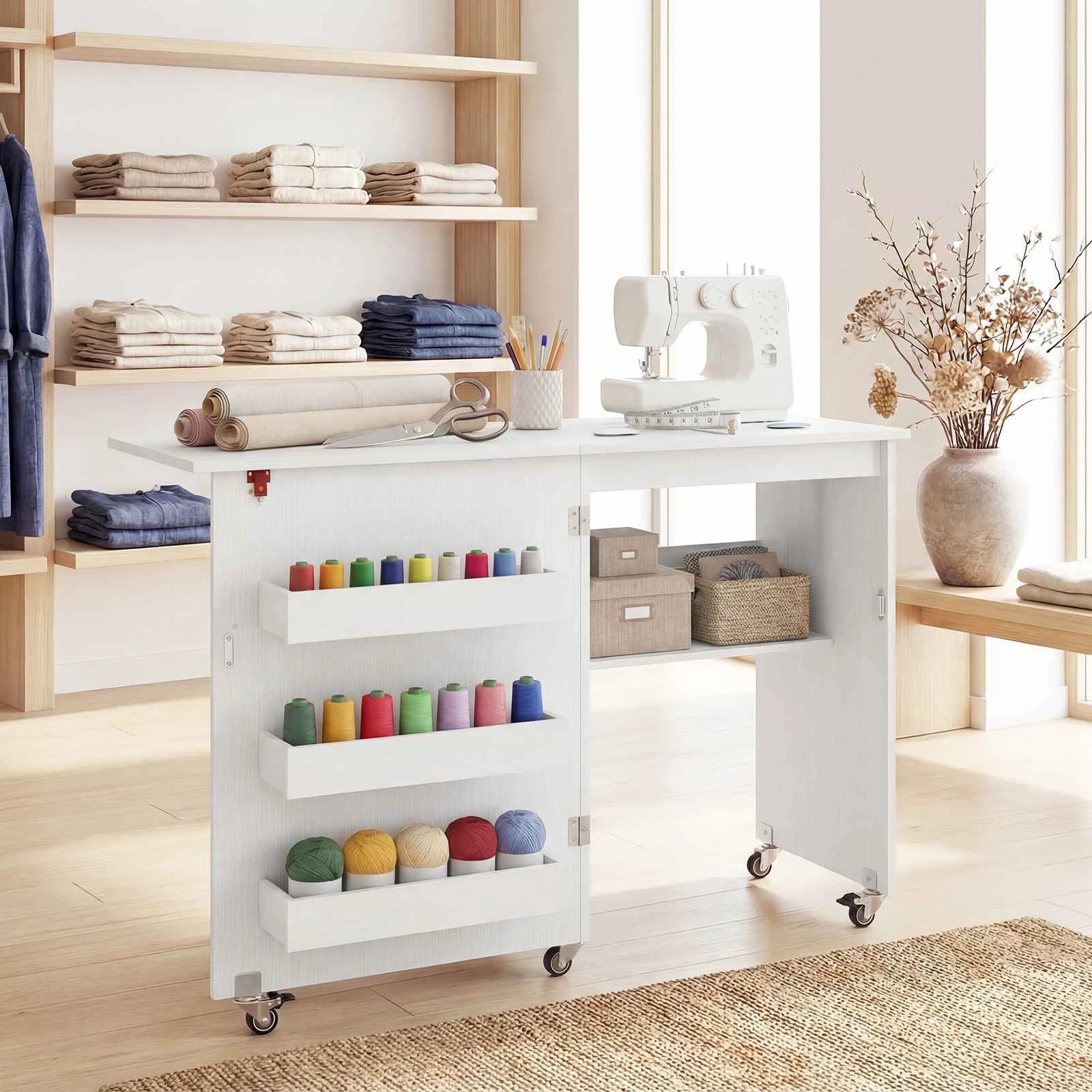 2 Costway Folding Sewing Table Rolling Craft Station w/Storage Cabinet - White, 2 of 5
