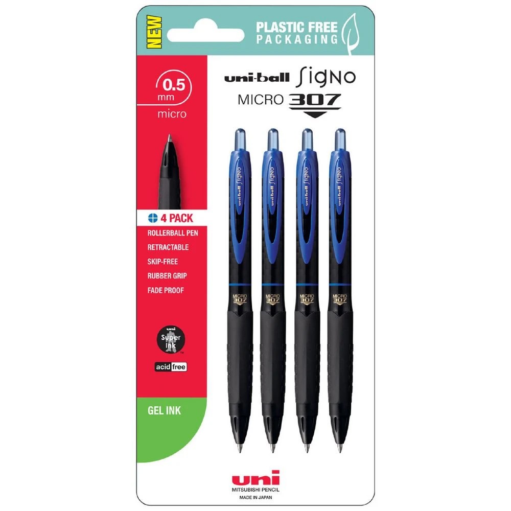 1 Uni-Ball Signo 307 Micro Retractable Gel Pen Blue 4 Pack, 1 of 2