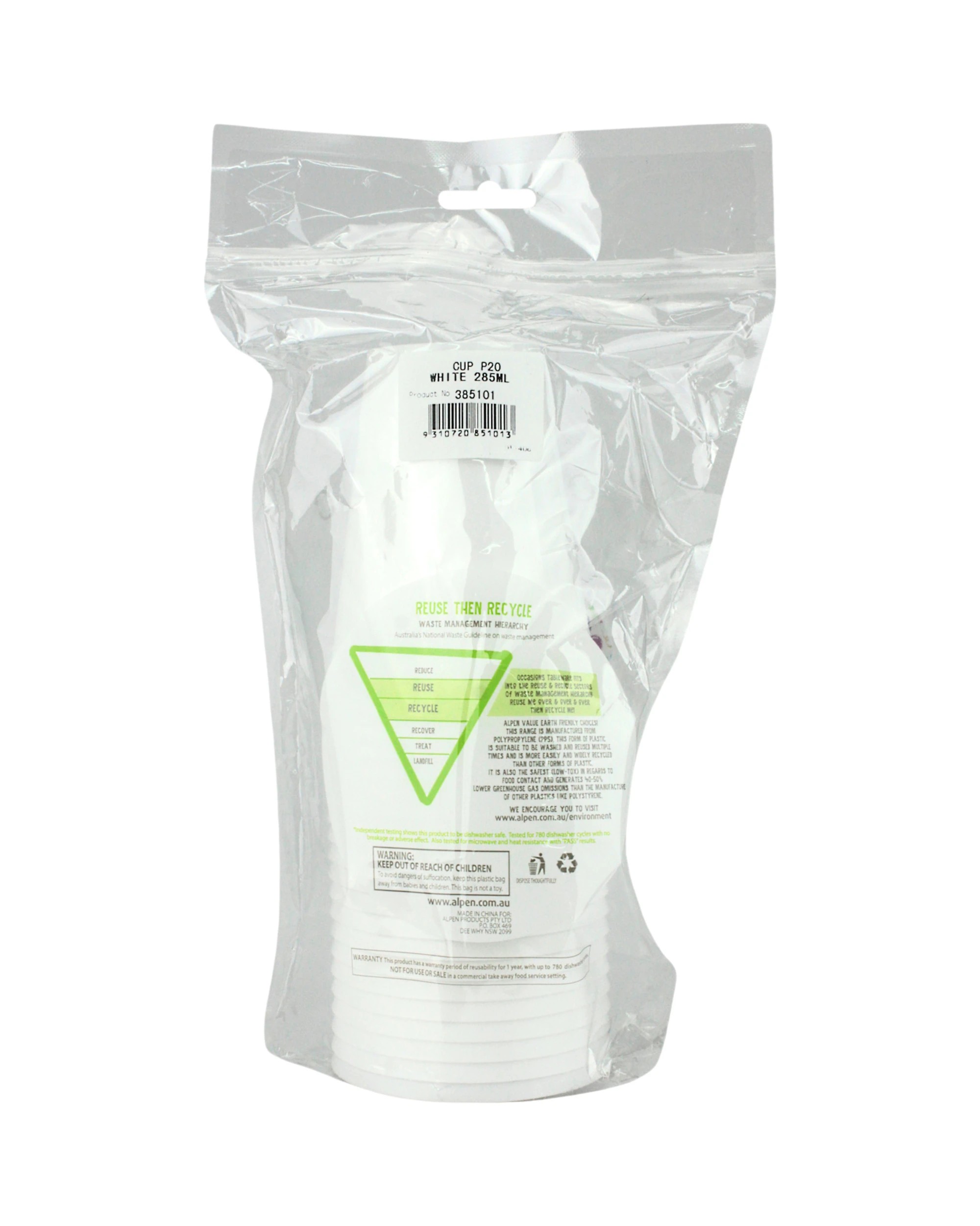 3 Alpen Reusable Cups 285ml Pack of 20 - White - White, 3 of 3