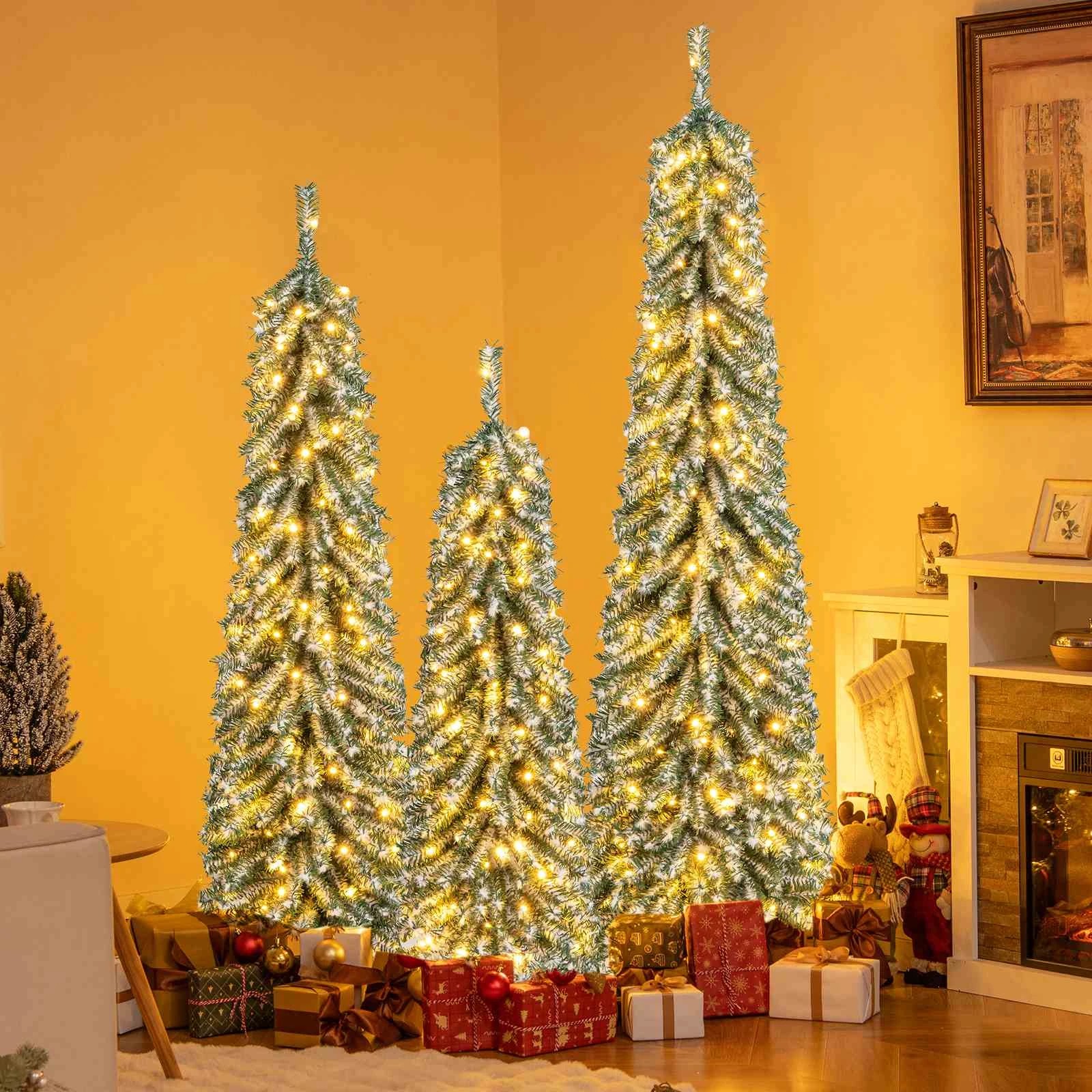 2 Costway Christmas Tree Set of 3 Pencil Xmas Trees Realistic Accumulated Snow w/LEDs, 2 of 2