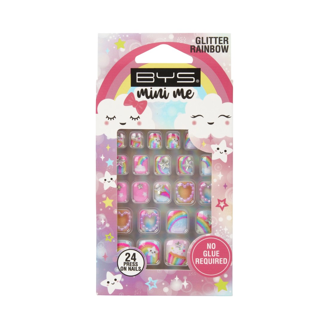 1 BYS Mini Me 24 Pack Press on Nails - Glitter Rainbow, Square Shape, 1 of 2